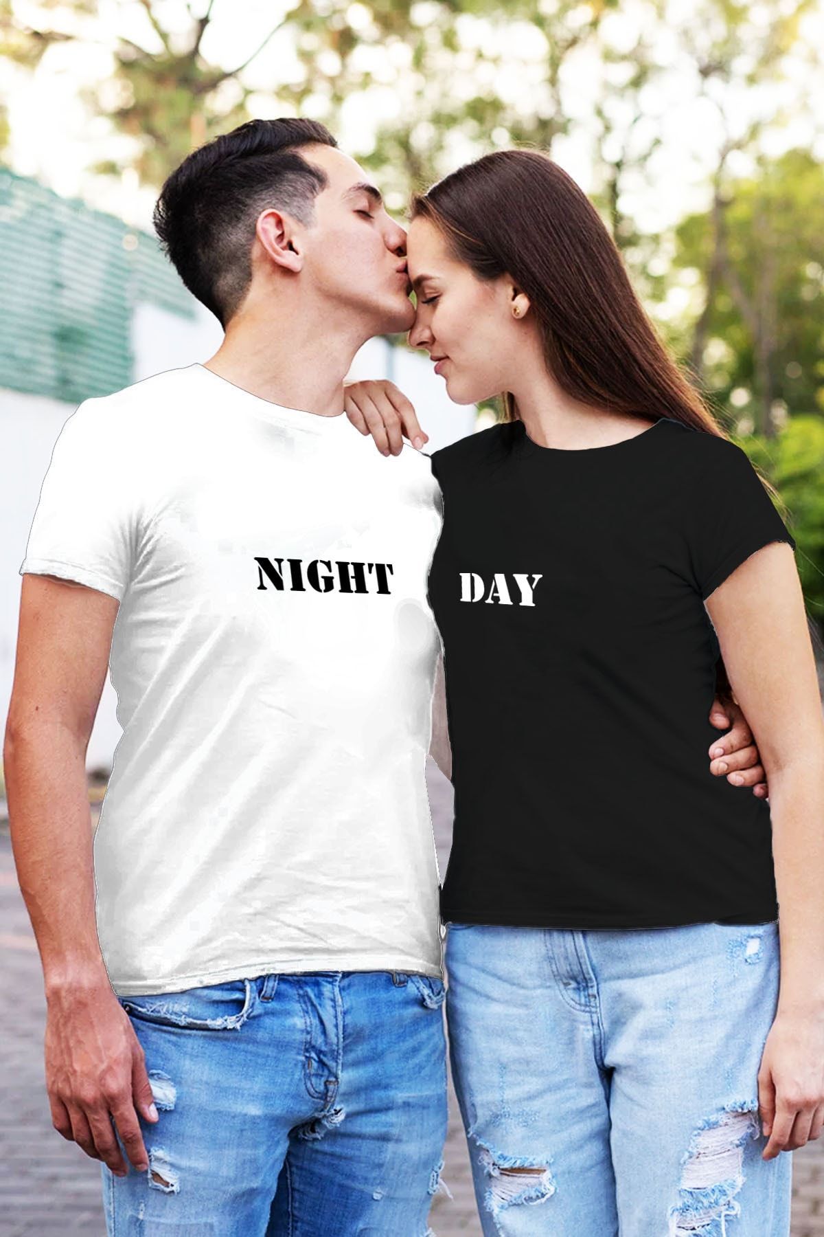Coutoo Night Day Baskılı Siyah Beyaz Sevgili Kombin Pamuklu Çift Tişört (2li)