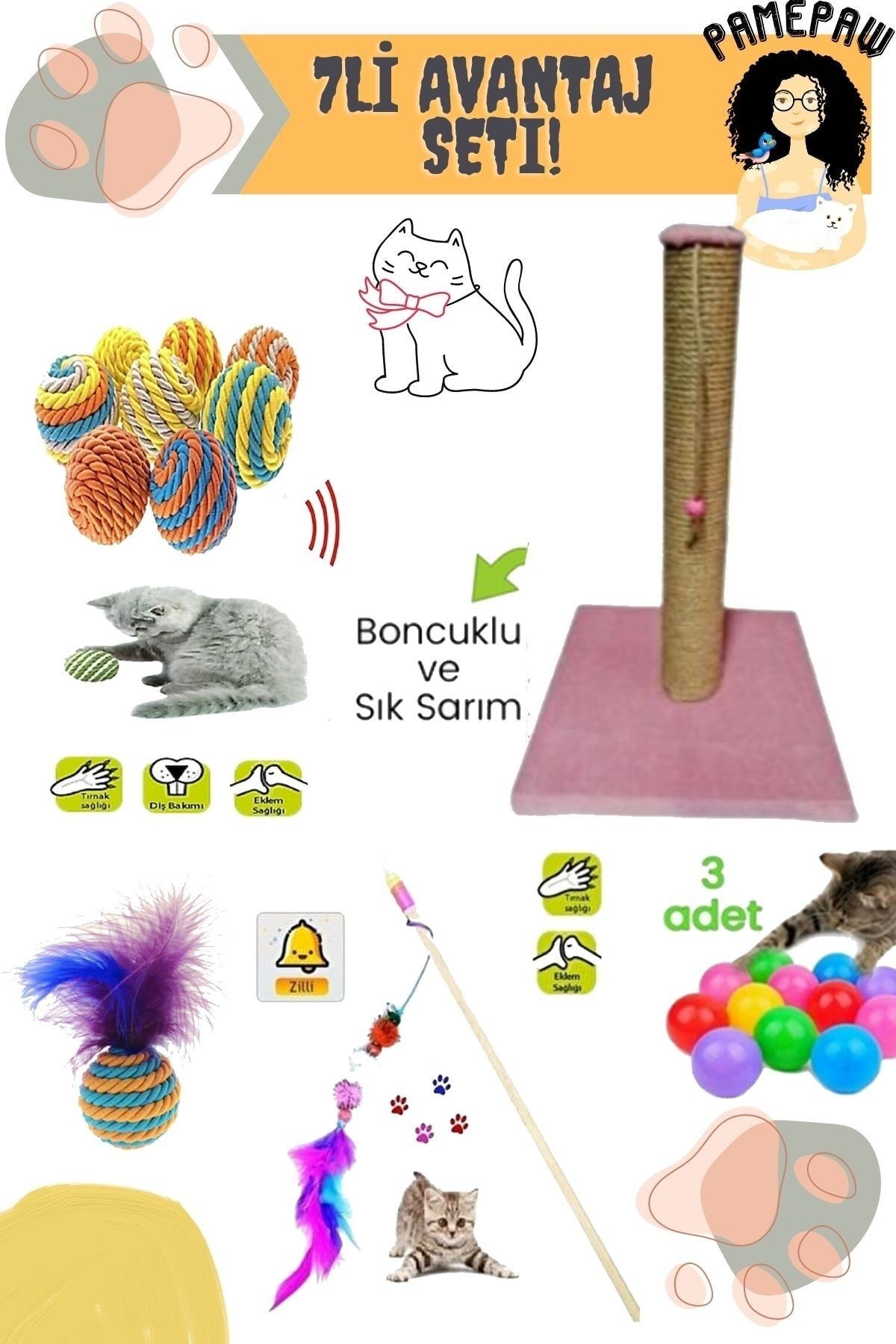 PAMEPAW 7'li Set: Kedi Tırmalama Tahtası , Sarma Top , Renkli Oyun Topu 3'lü , Tüylü Top Ve Kedi Oltası Seti