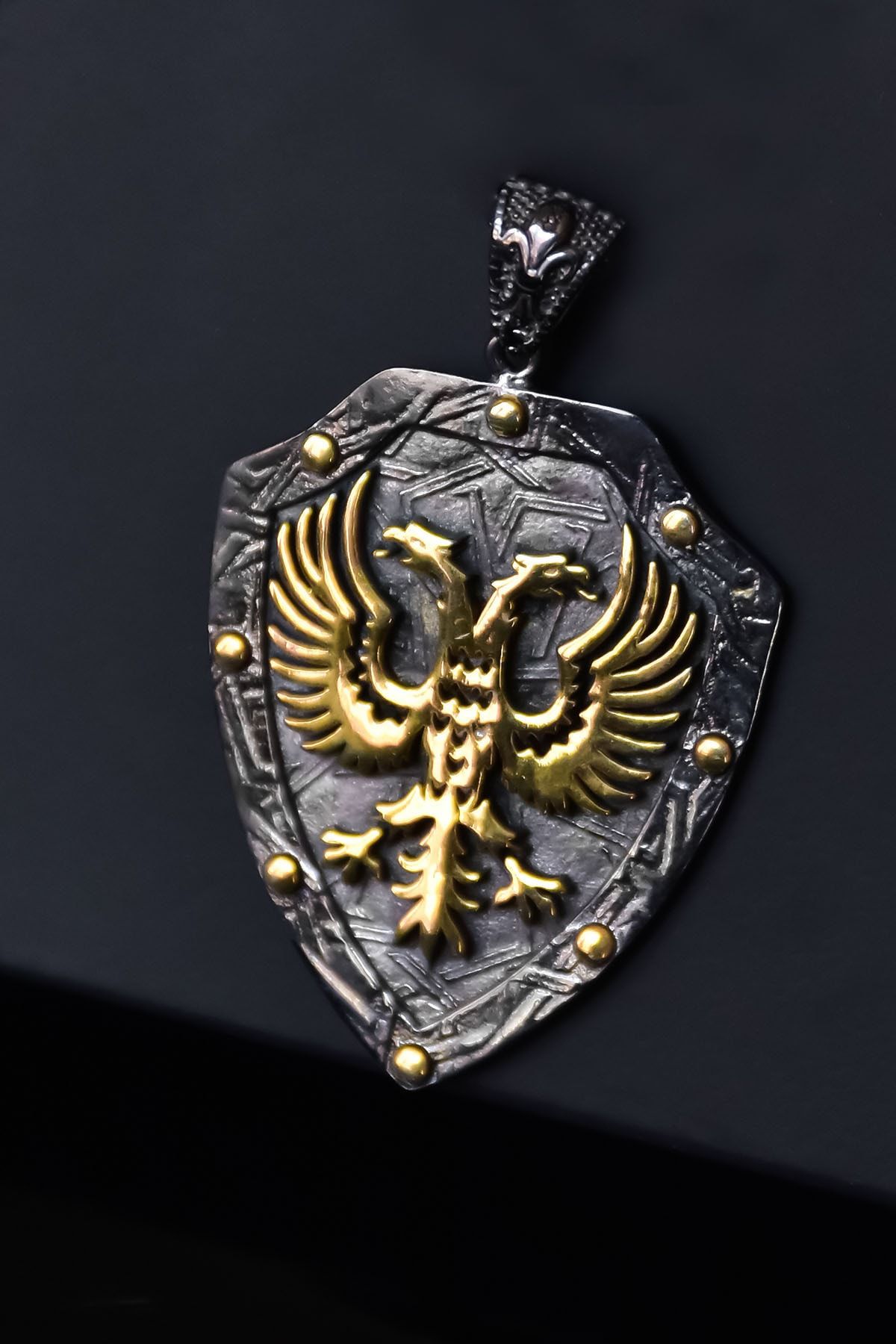 Papatya Silver 925 Ayar Gümüş Siyah Oksitli Madalyon Çift Başlı Ejderha Figürlü Erkek Kolye Ucu