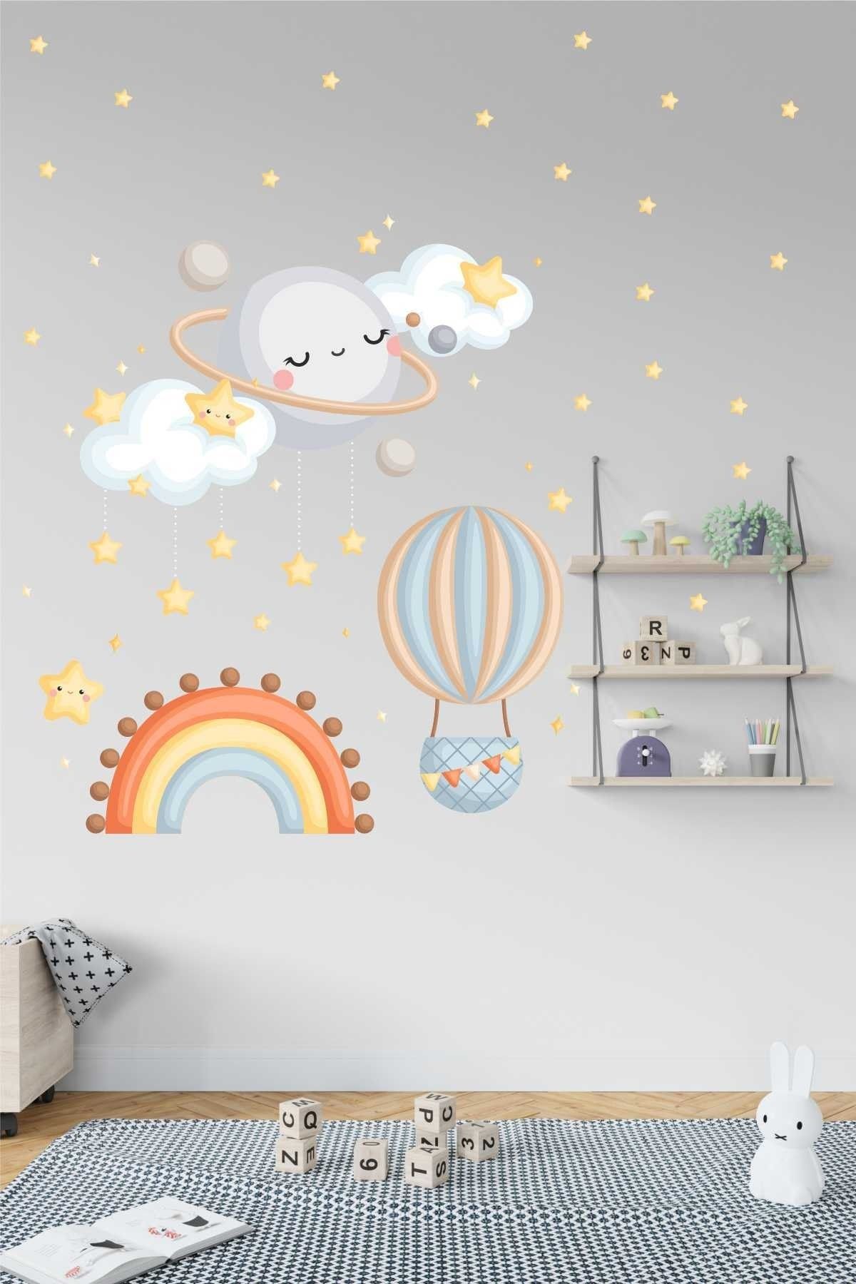 efekt reklam Mutlu Bulutlar Gökkuşağı Yıldız Ve Uçan Balon Çocuk Bebek Odası Duvar Kağıdı Aksesuarları Sticker