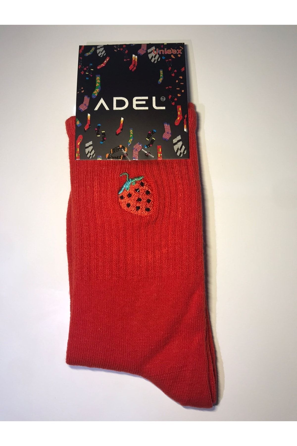 Adel Unisex Kırmızı Çilek Nakışlı Çorap