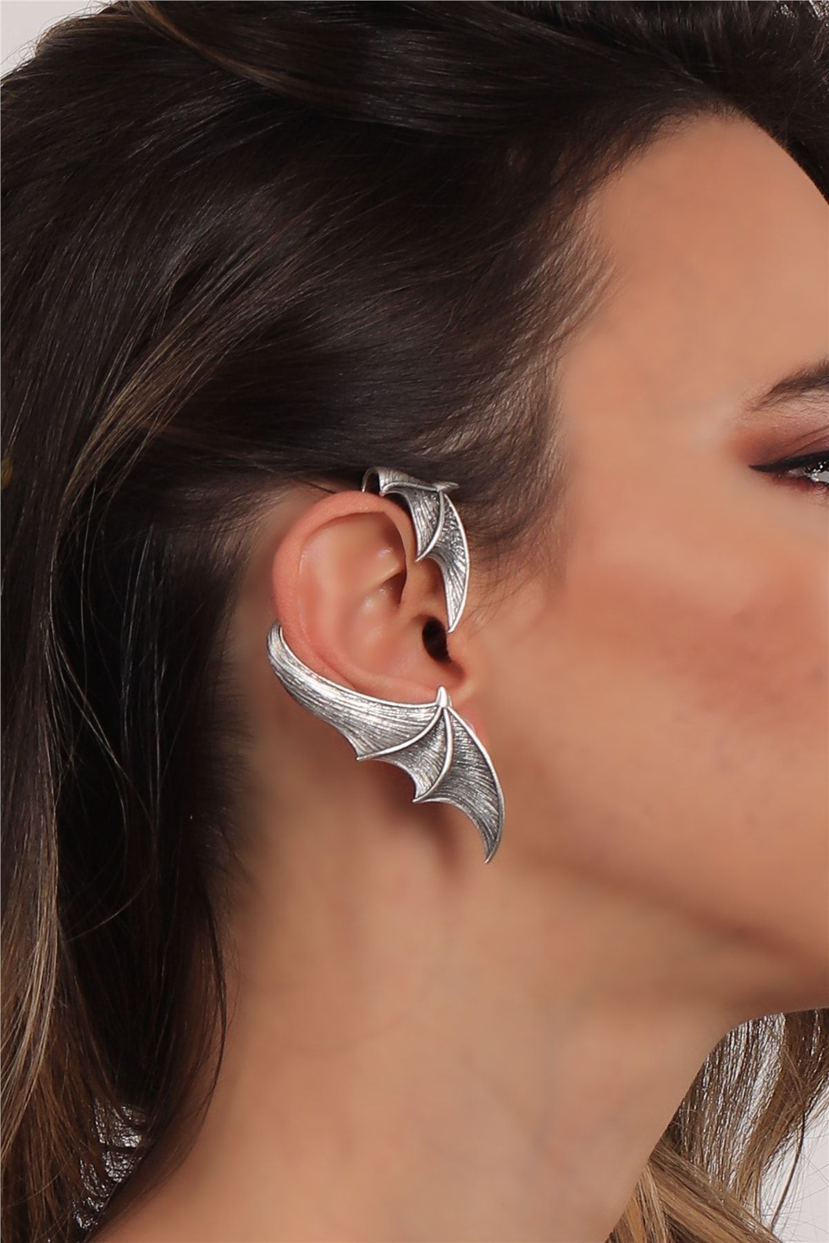 LABALABA Kadın Antik Gümüş Kaplama Çivili Model Ear Cuff Sağ Kulak Yarasa Küpe