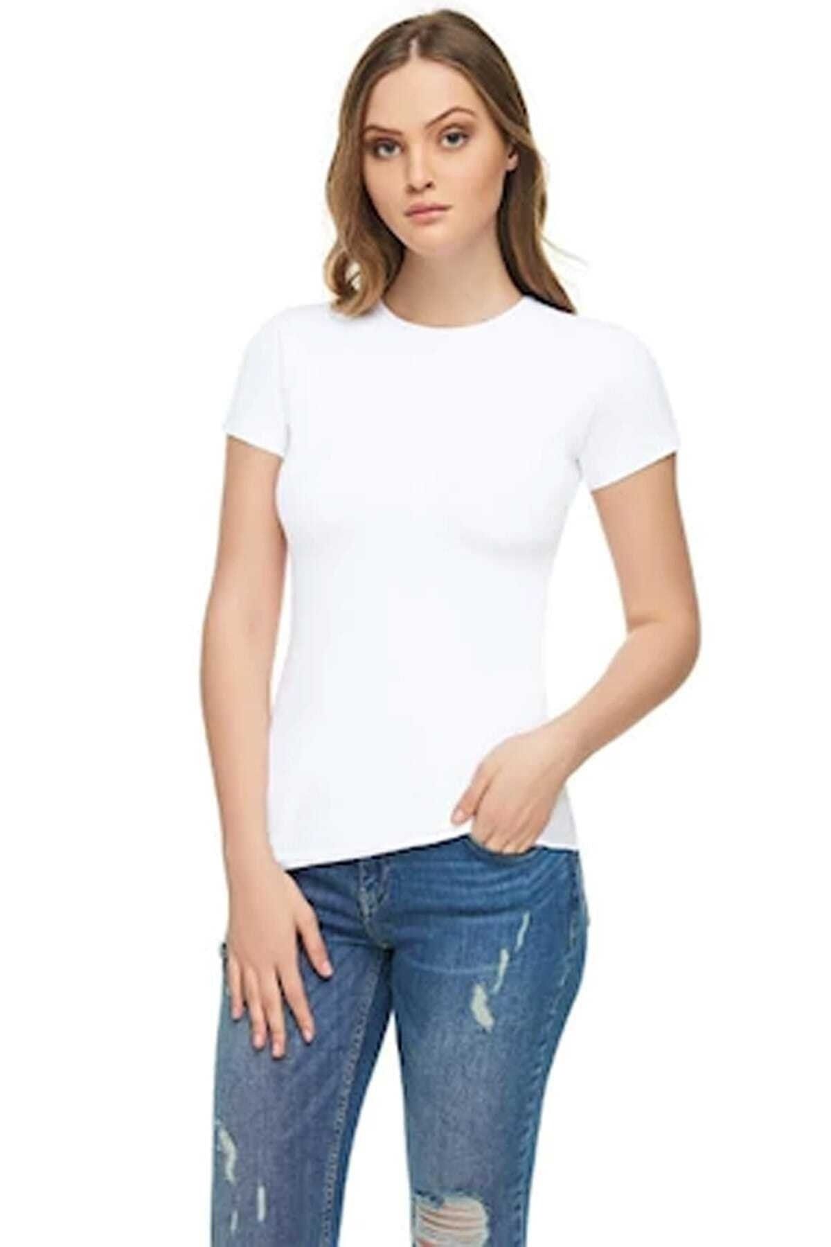 Tutku Elit Kadın Beyaz Elastan Likralı Pamuklu T-shirt