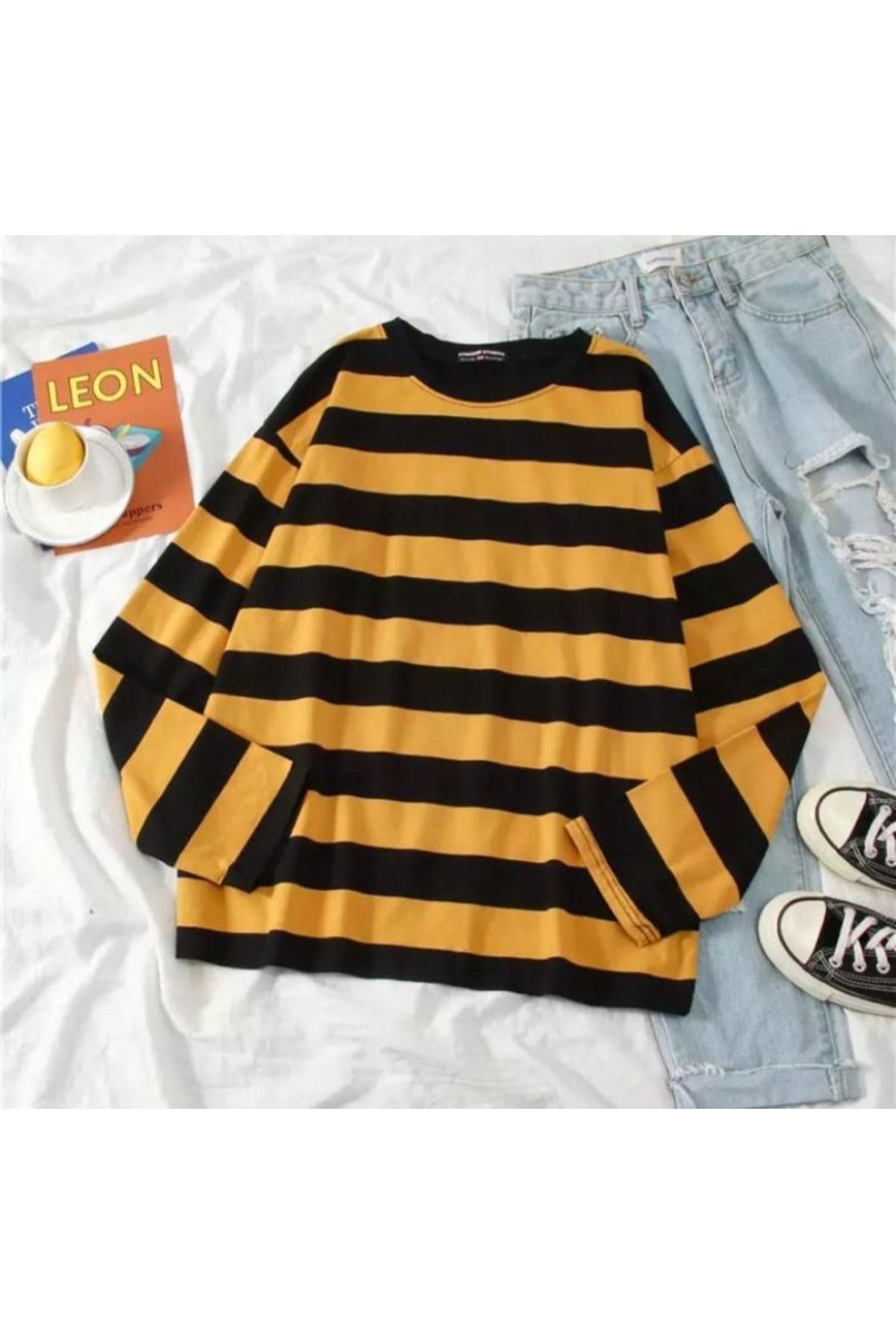 Köstebek Siyah Üzeri Sarı Kalın Çizgili Oversize (unisex) Uzun Kollu T-shirt
