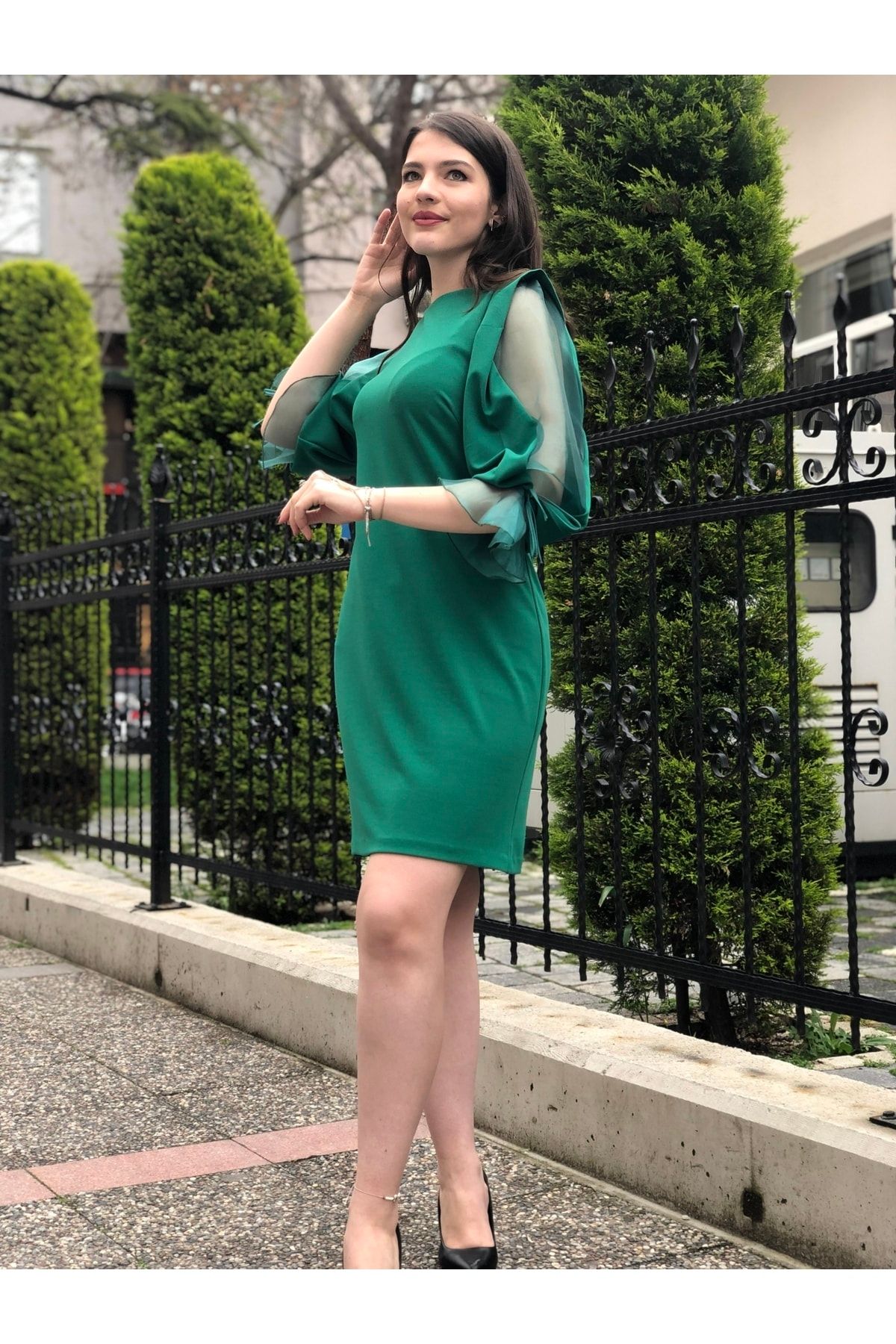 Ayhan Yeşil Organze Kol Detaylı Abiye Kadın Elbise