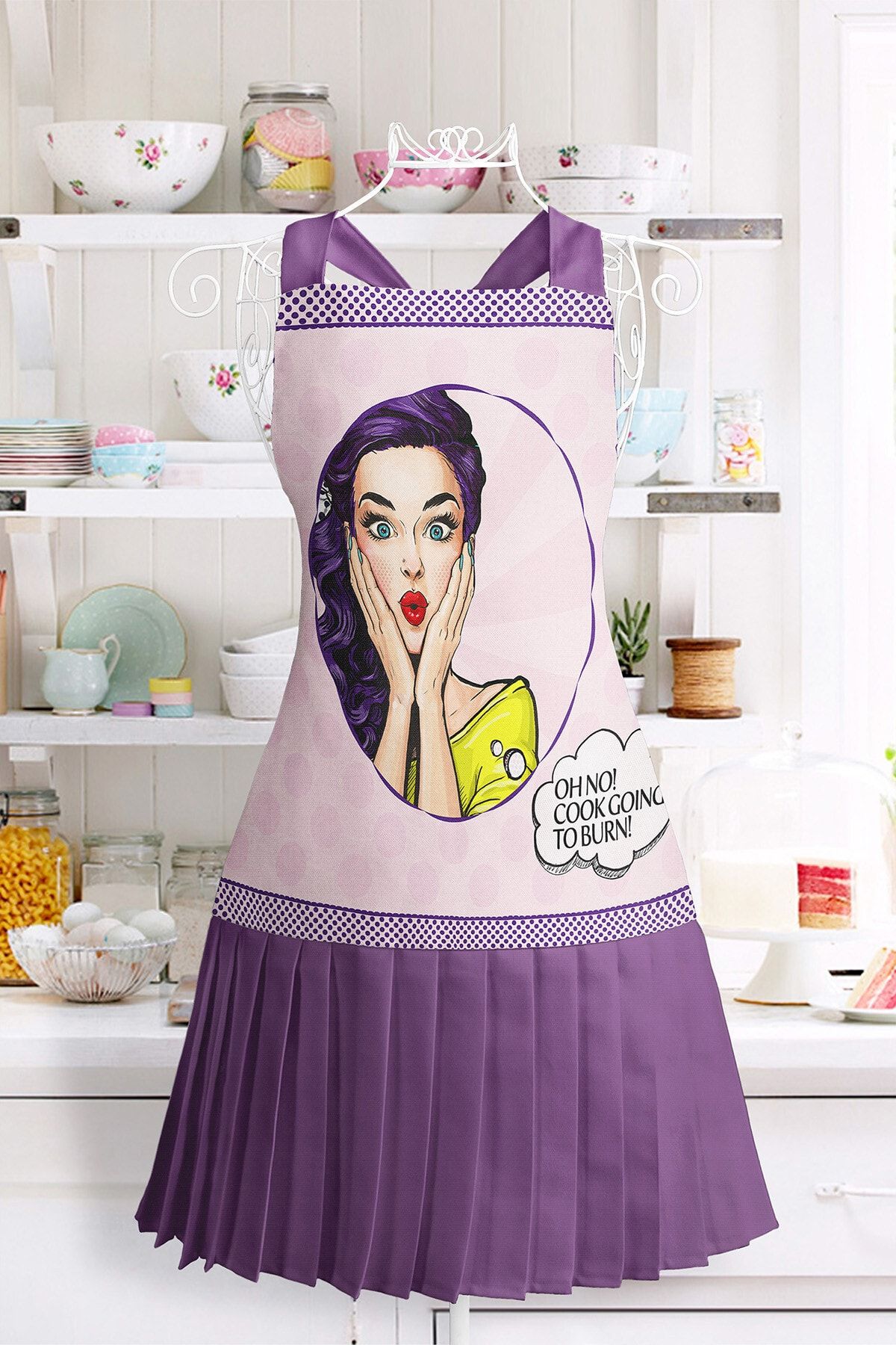 Realhomes Popart Desenli Mutfak Önlüğü - Master Şef Şaşıran Kız Motifli Askılı Bulaşık Aşçı Leke Tutmaz Önlük