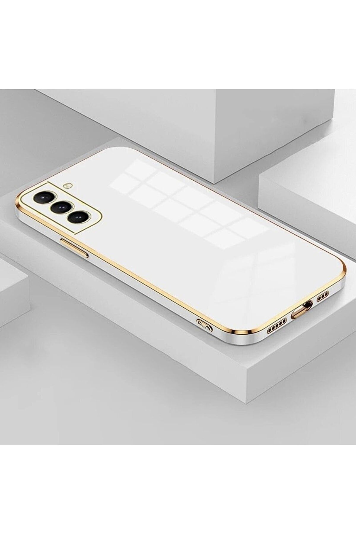 Fibaks Samsung Galaxy S22 Kılıf Parlak Renkli Kenarlı Şık Tarz Altın Işlemeli Kamera Korumalı Bark Kapak