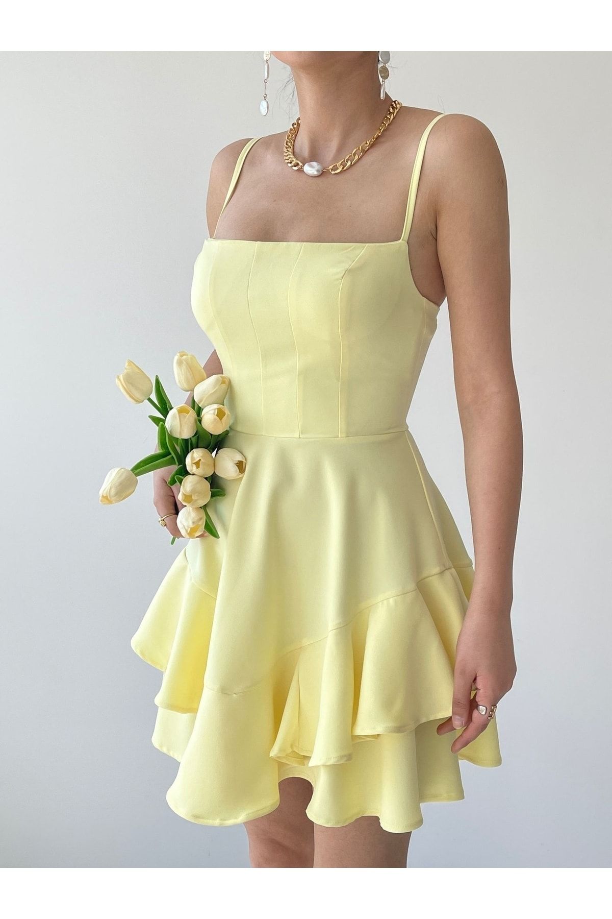 bayansepeti Ayarlanabilir Ince Askılı Eteği Kat Detay Sarı Elbise Sarı Mezuniyet Elbisesi 102
