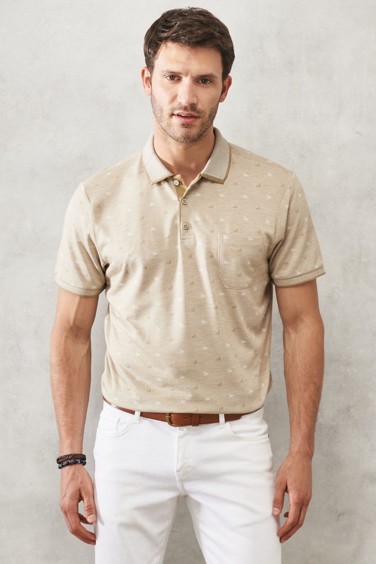 Altınyıldız Classics Erkek Bej Comfort Fit Rahat Kesim Polo Yaka Desenli Casual Tişört