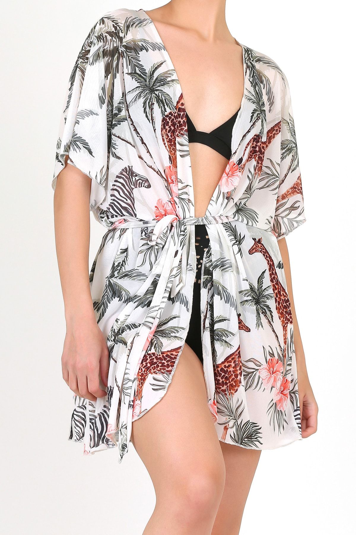 HAMUR Pareo Plaj Elbisesi Kimono Std Tropikal Beyaz
