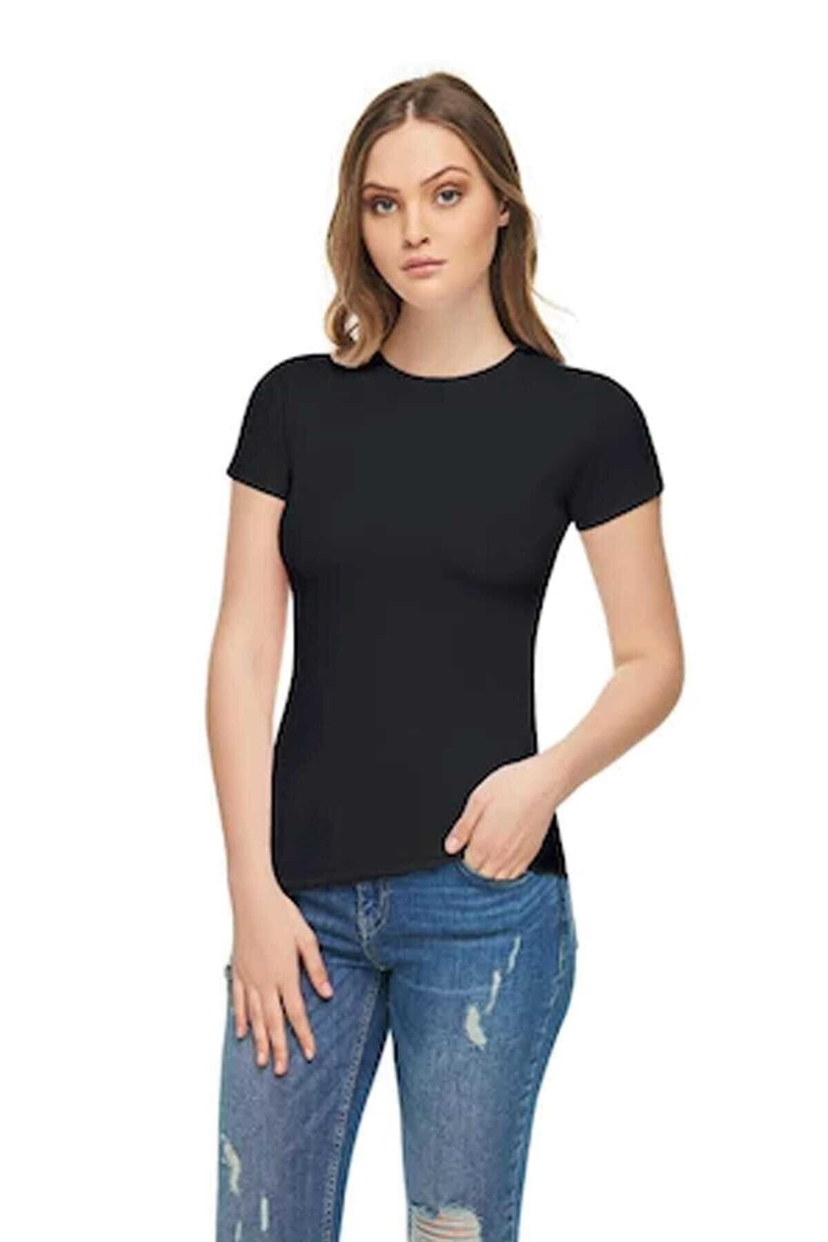 Tutku Elit Kadın Siyah Elastan Likralı Pamuklu T-shirt