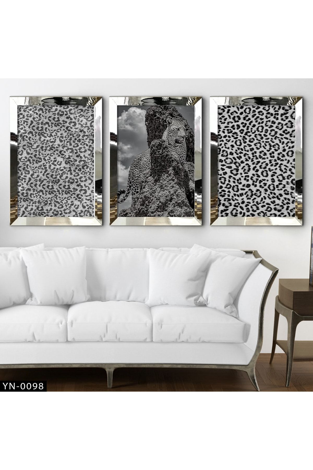 hanhomeart Siyah Beyaz Leopar Desenli - Gümüş Ayna Çerçeveli Tablo 3'lü Set-hyn-0098