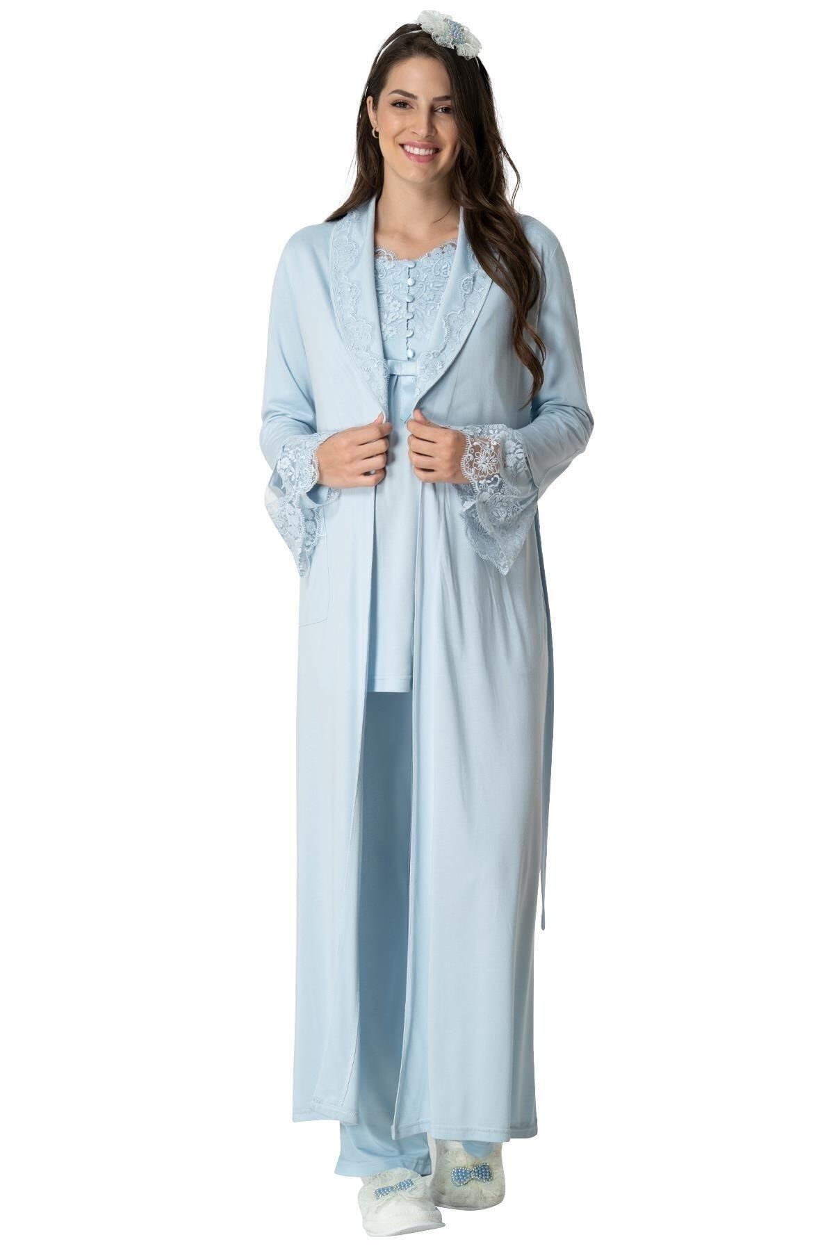 Lohussa Kadın Mavi Dantelli Prenses Kollu Pamuklu Lohusa Hamile Sabahlık Pijama Takımı 3'lü Set