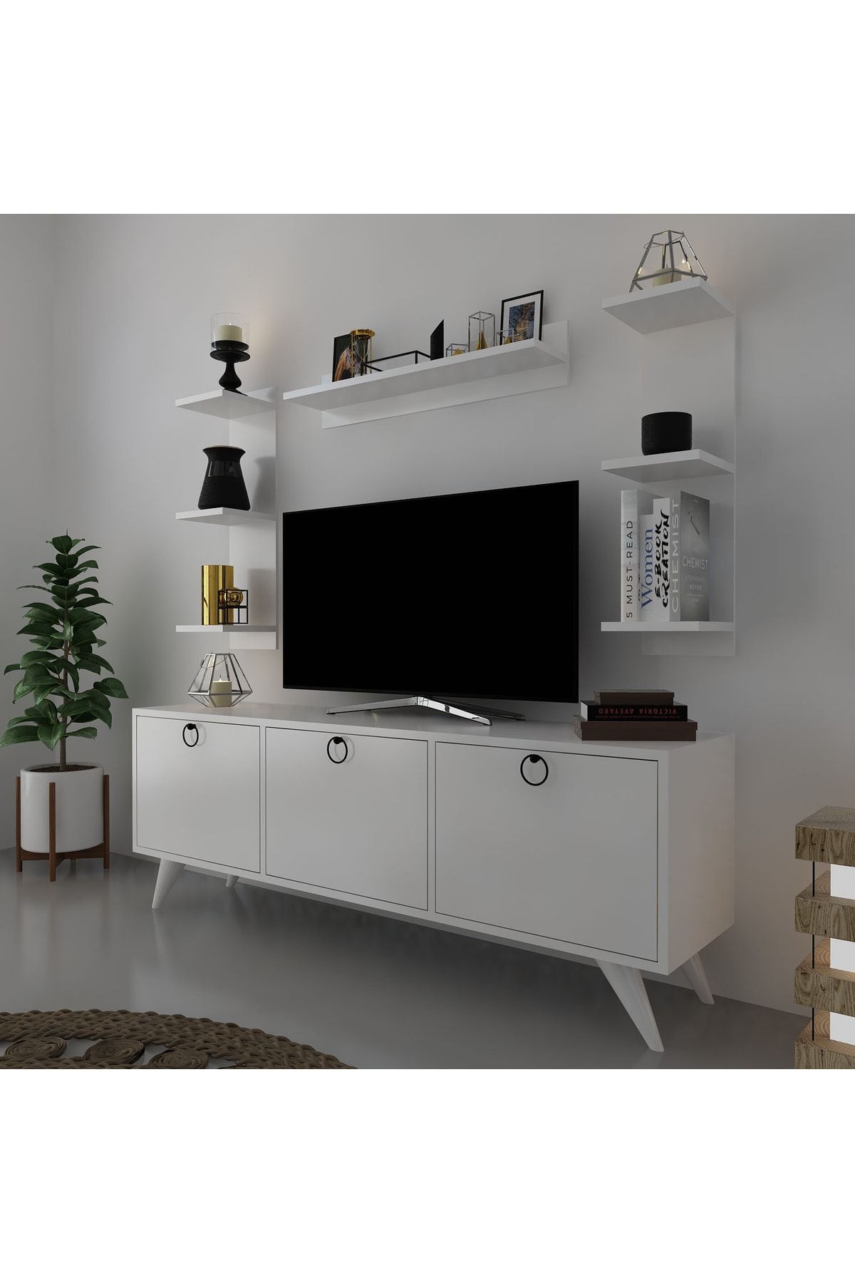 Myniture Home & Living Icon Raflı Tv Ünitesi Q3028-1 Beyaz Kulplu Dolaplı Modern Tv Sehpası