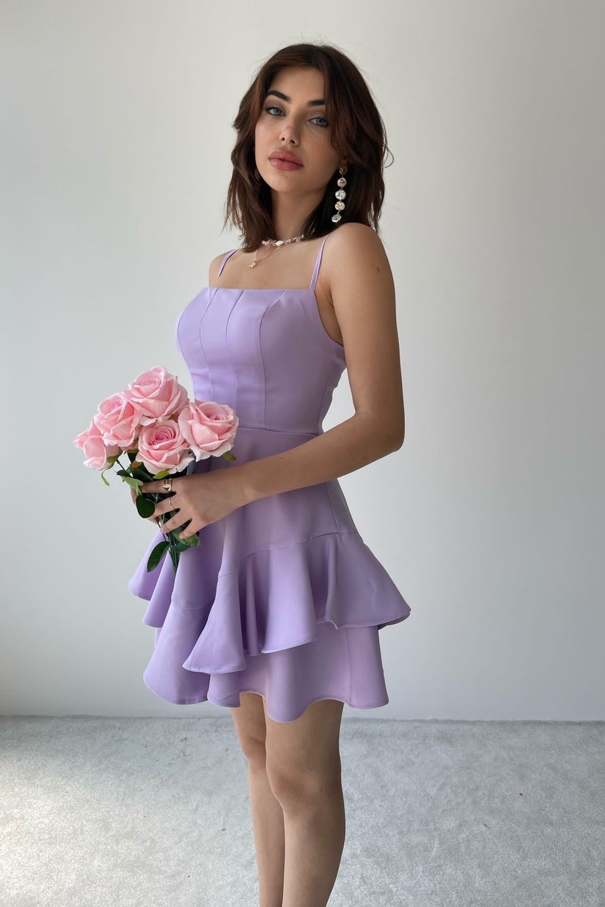 lovebox Ayarlanabilir Ince Askılı Eteği Kat Detaylı Lila Abiye Elbise & Lila Mezuniyet Elbisesi 102