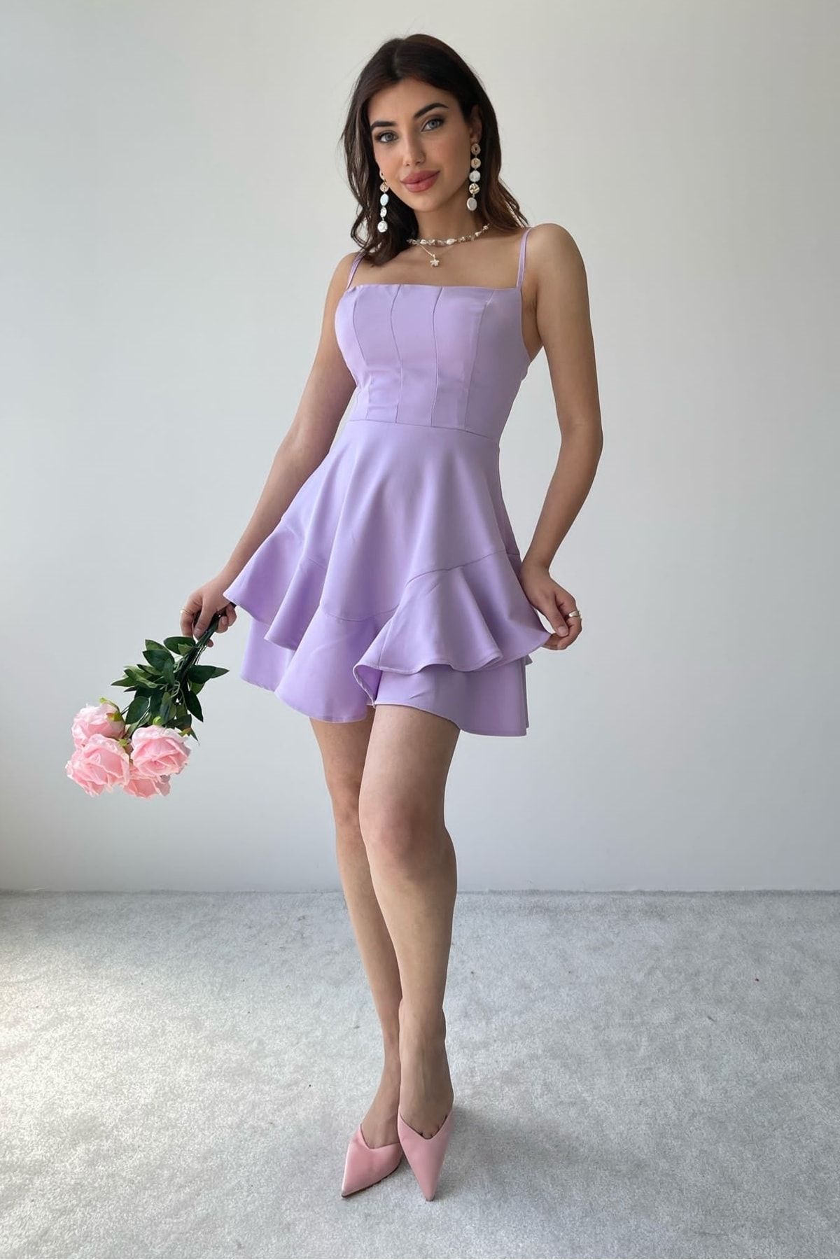 vuvutasarım Ayarlanabilir Ince Askılı Eteği Kat Detaylı Lila Elbise Lila Nişan Elbisesi 102