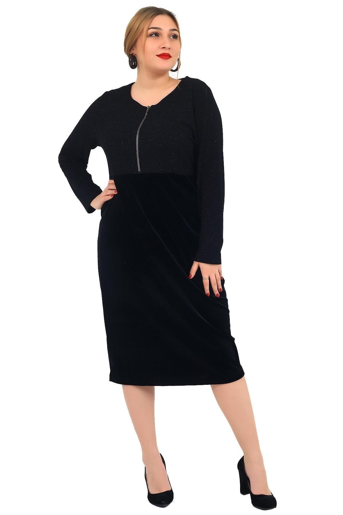Günay Kadın Büyük Beden Elbise Lm44291 Sonbahar Kış O Yaka Kadife Sim-sıyah