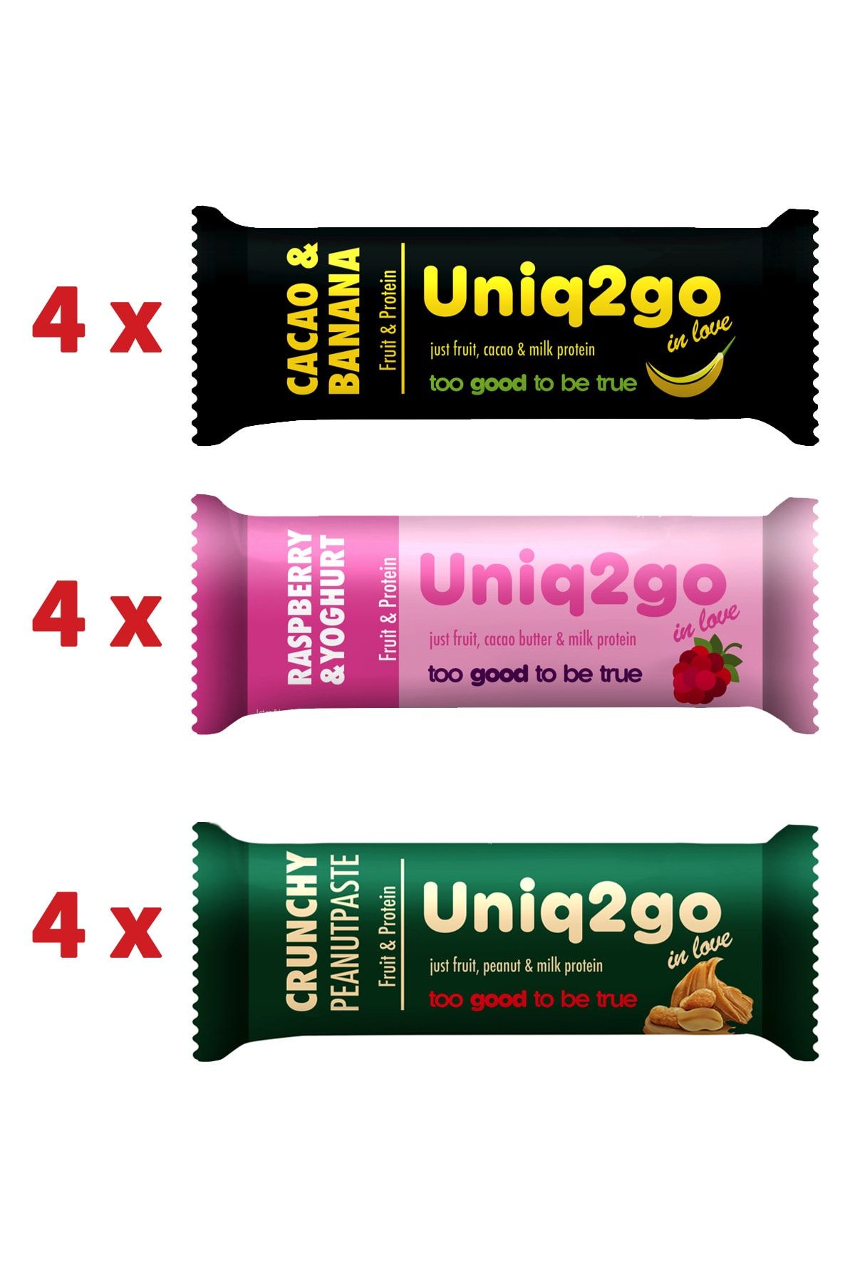 Uniq2go Natural Protein Bar 12 Adet 32g %25 Proteinli (4' ER ADET ÜÇ ÇEŞİT KARIŞIK)
