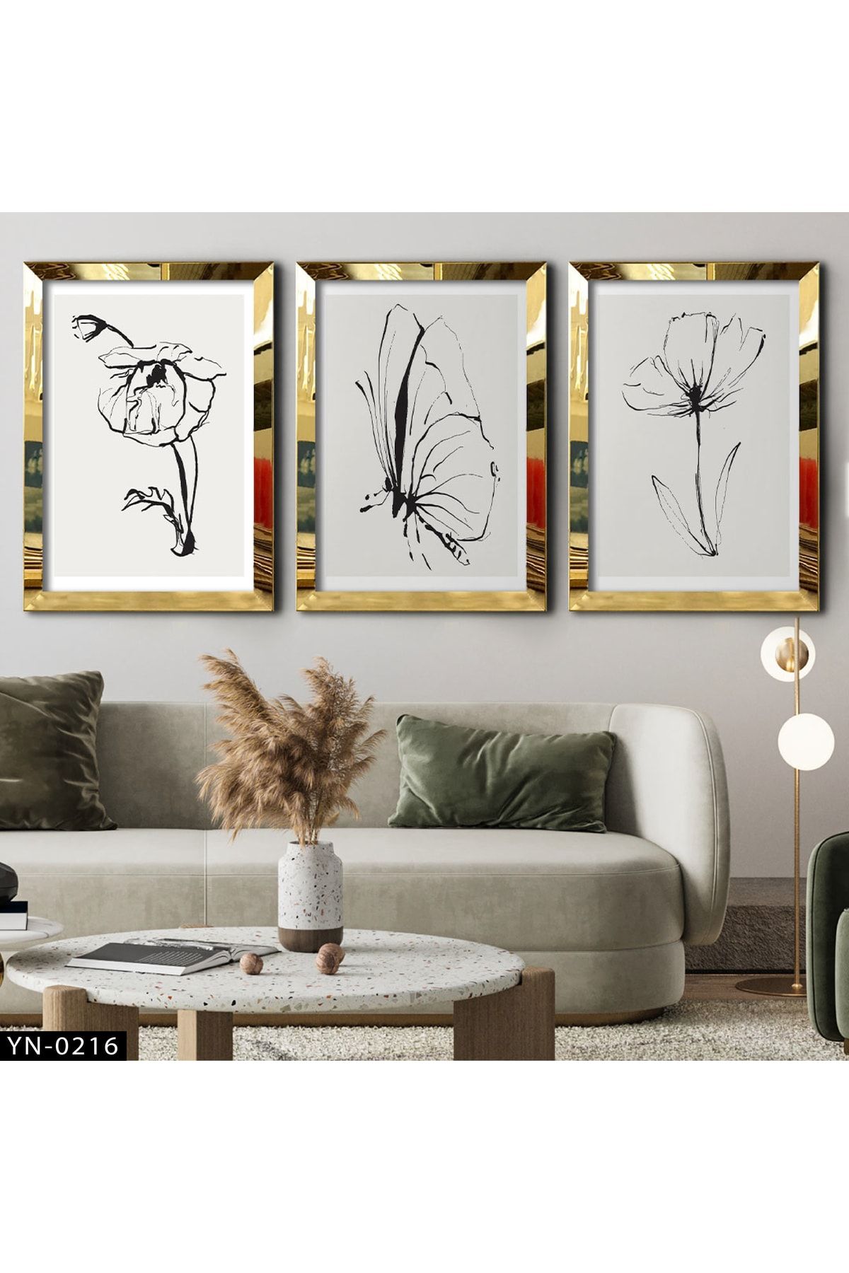 hanhomeart Gelincik Çiçeği - Kelebek Çizim - Gold Ayna Çerçeveli Tablo 3'lü Set-hyn-0216
