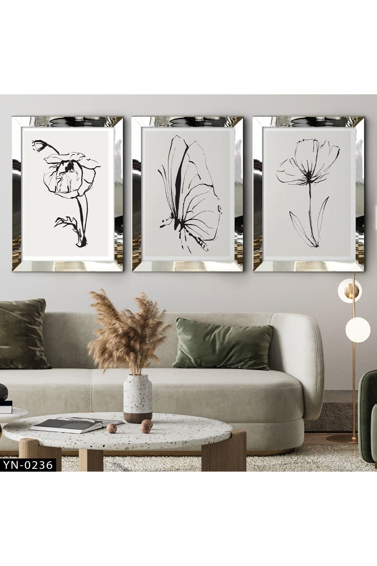 hanhomeart Siyah Gelincik Çiçeği Çizim - Gümüş Ayna Çerçeveli Tablo 3'lü Set-hyn-0236
