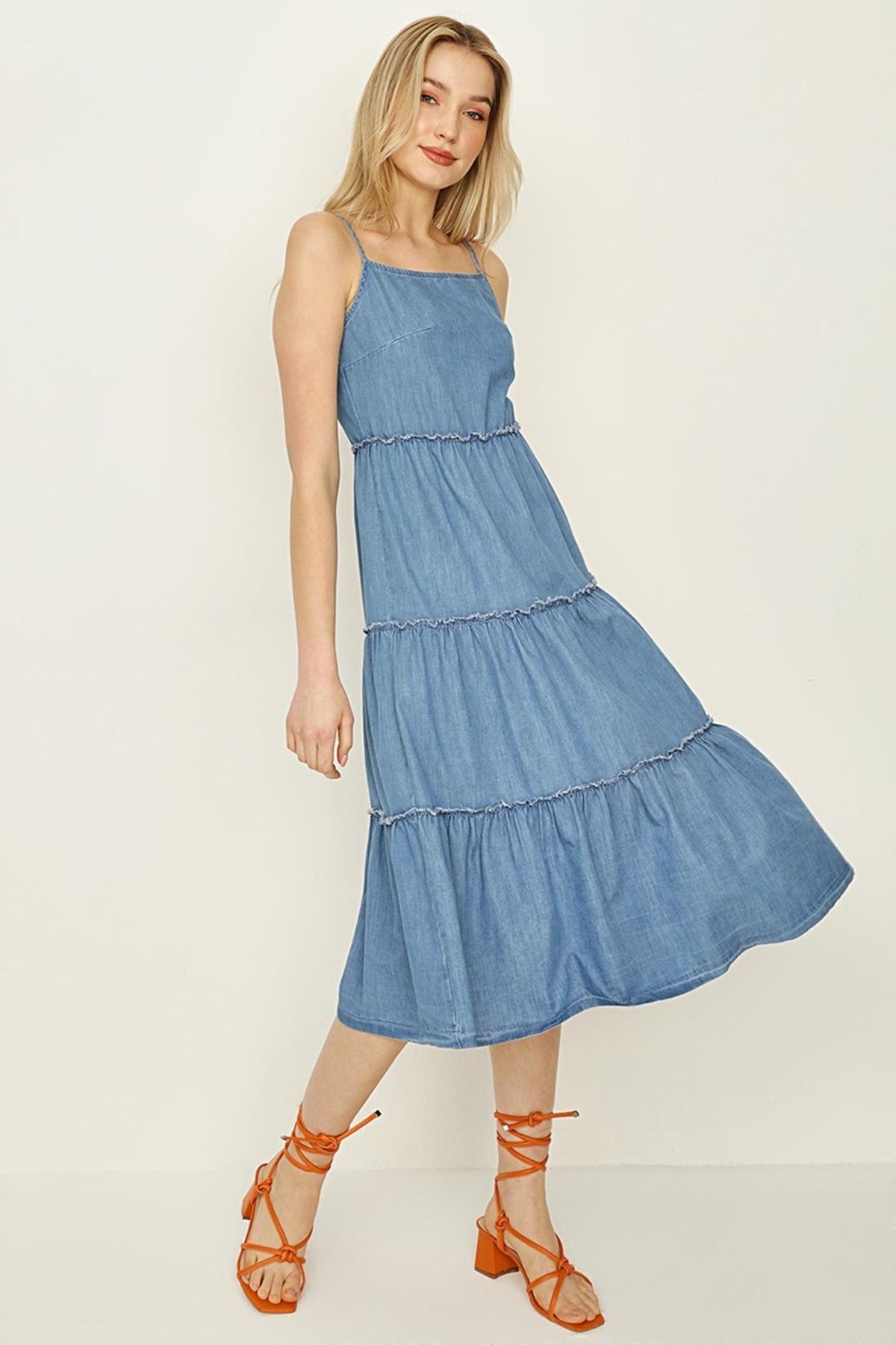 Select Moda Kadın Mavi Askılı Bloklu Denim Elbise