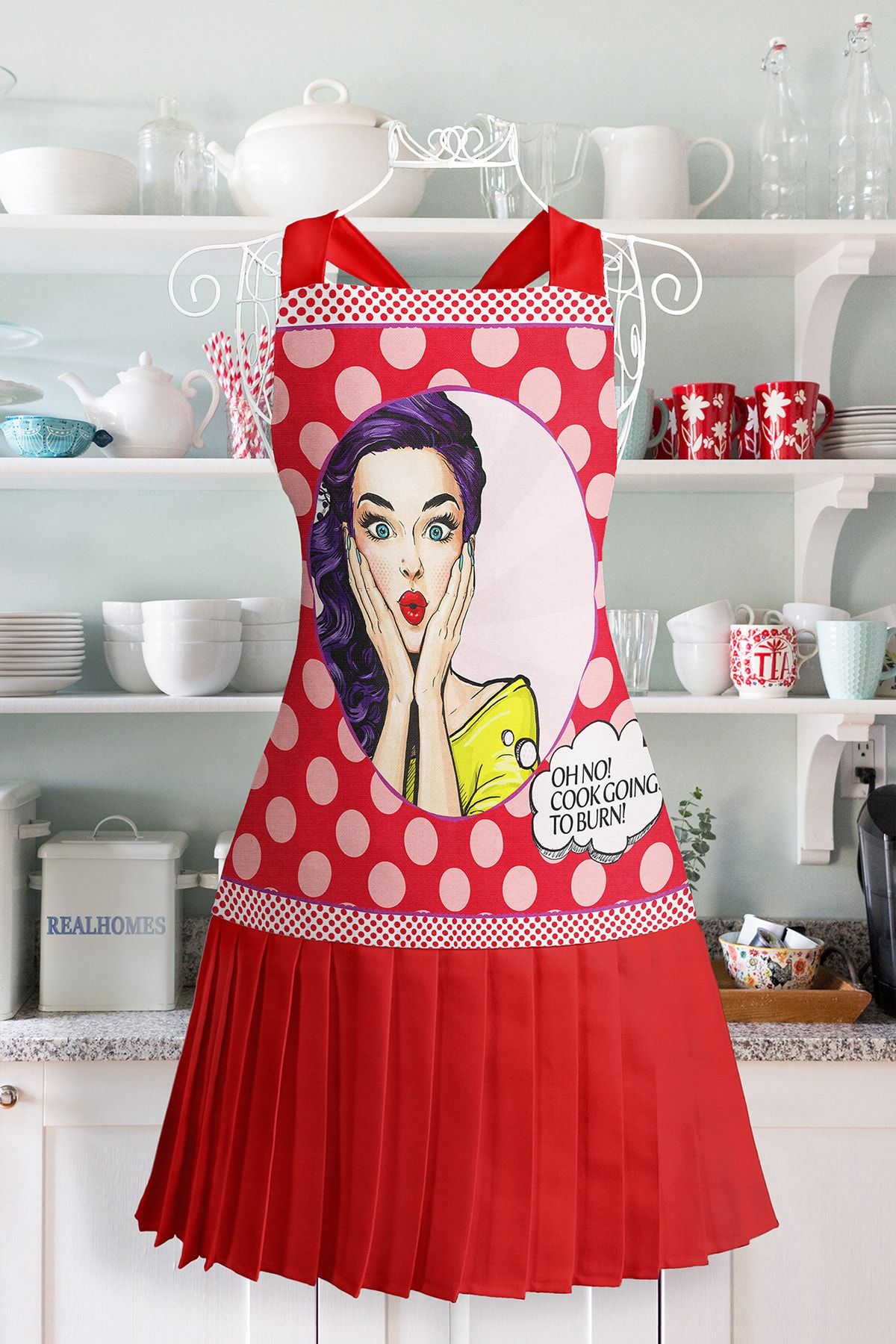 Realhomes Popart Desen Mutfak Önlüğü - Özel Tasarım Şaşıran Kız Motifli Askılı Bulaşık Aşçı Leke Tutmaz Önlük