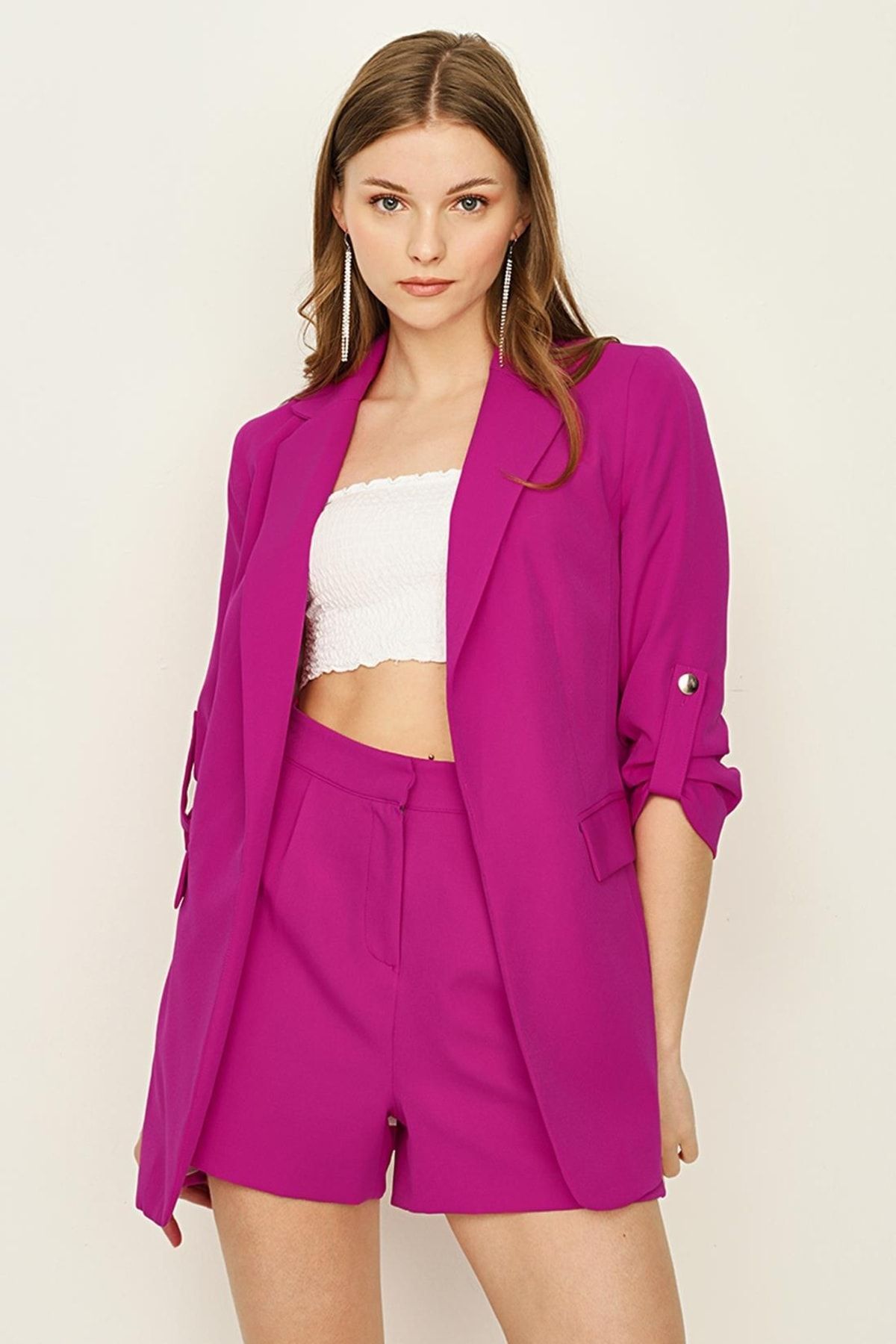 Select Moda Kadın Fuşya Kolları Katlamalı Blazer Ceket