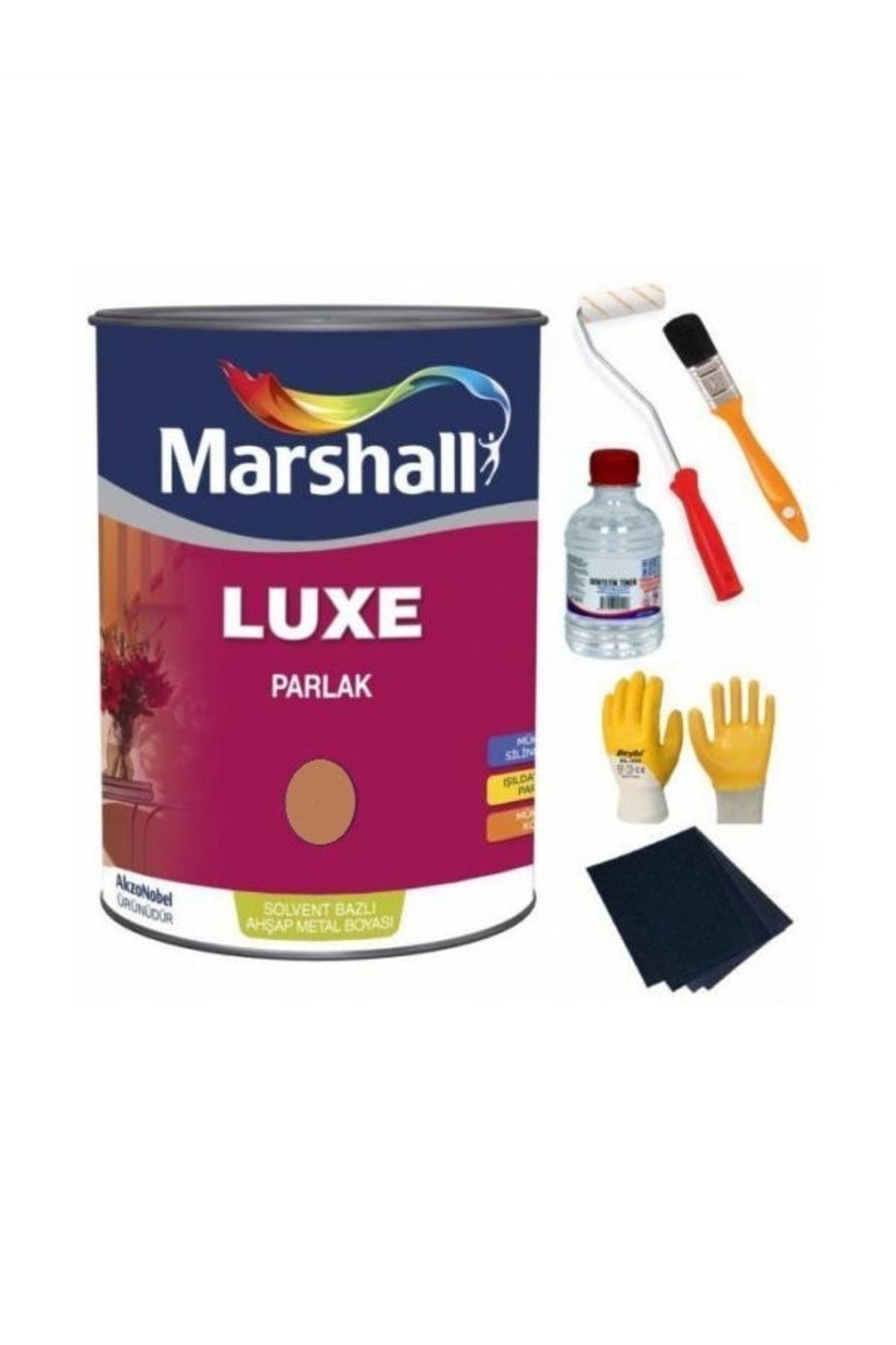 Marshall Luxe Parlak Solvent Bazlı Ahşap Ve Metal Boya Yağlı Boya 2.5 lt Açık Kahve+boya Takımı