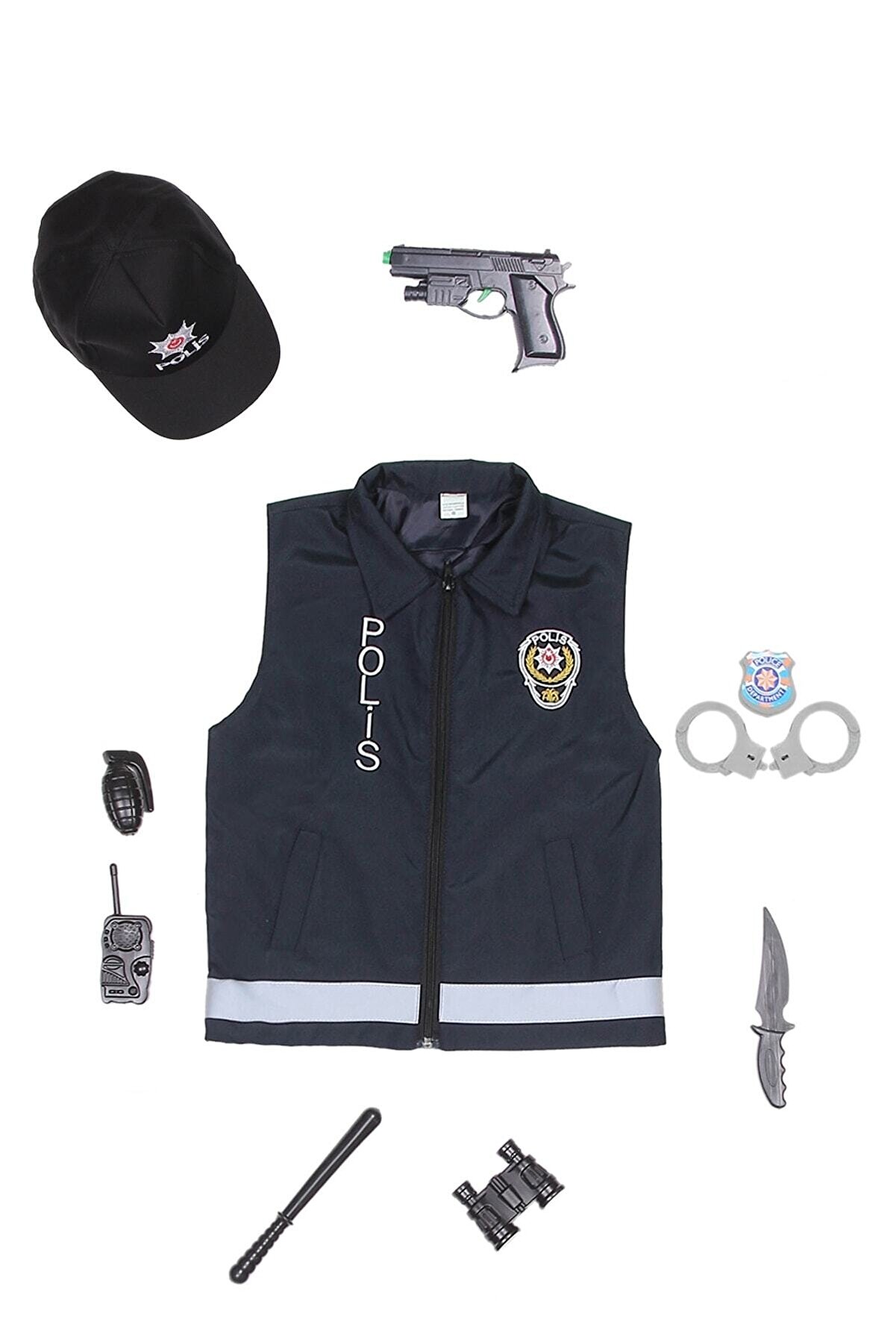 fabrikoloji Unisex Lacivert Polis Yeleği Kostümü Çocuk Kıyafeti Şapka Oyuncak A1 Fbrklj938