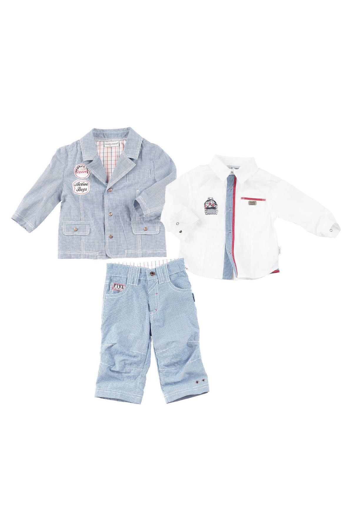 Andy Wawa Erkek Bebek Yazlık Mevsimlik Ceket Pantolon Uzun Kollu Gömlek Takım