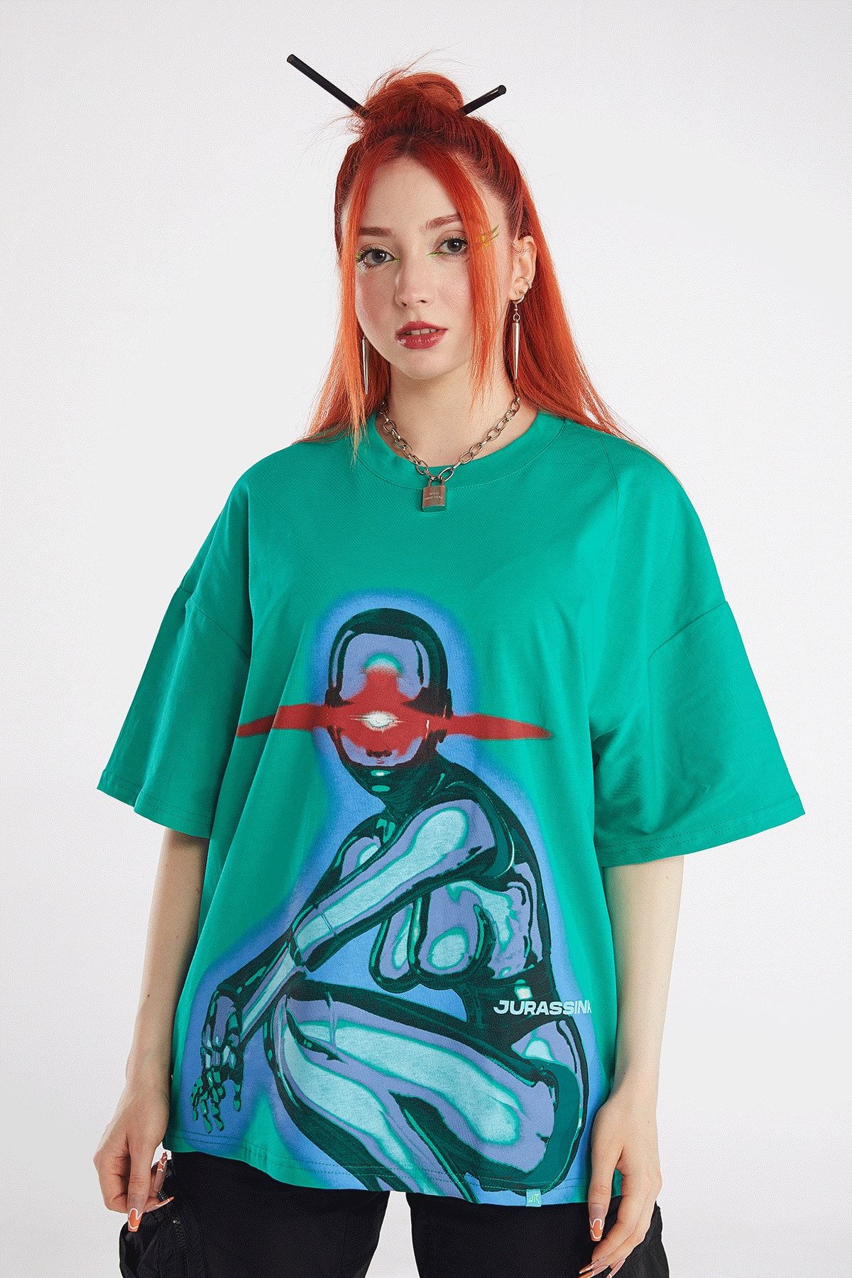 JURASSİNK Kadın Green Spect Baskılı Kısa Kollu Oversize T-shirt