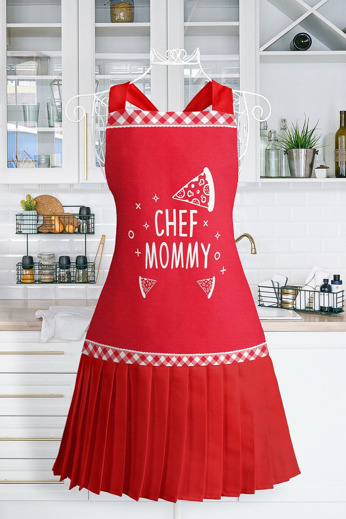 Realhomes Chef Mommy Yazılı Mutfak Önlüğü Pizza Motifli Askılı Bulaşık Aşçı Leke Tutmaz Dijital Baskılı Önlük