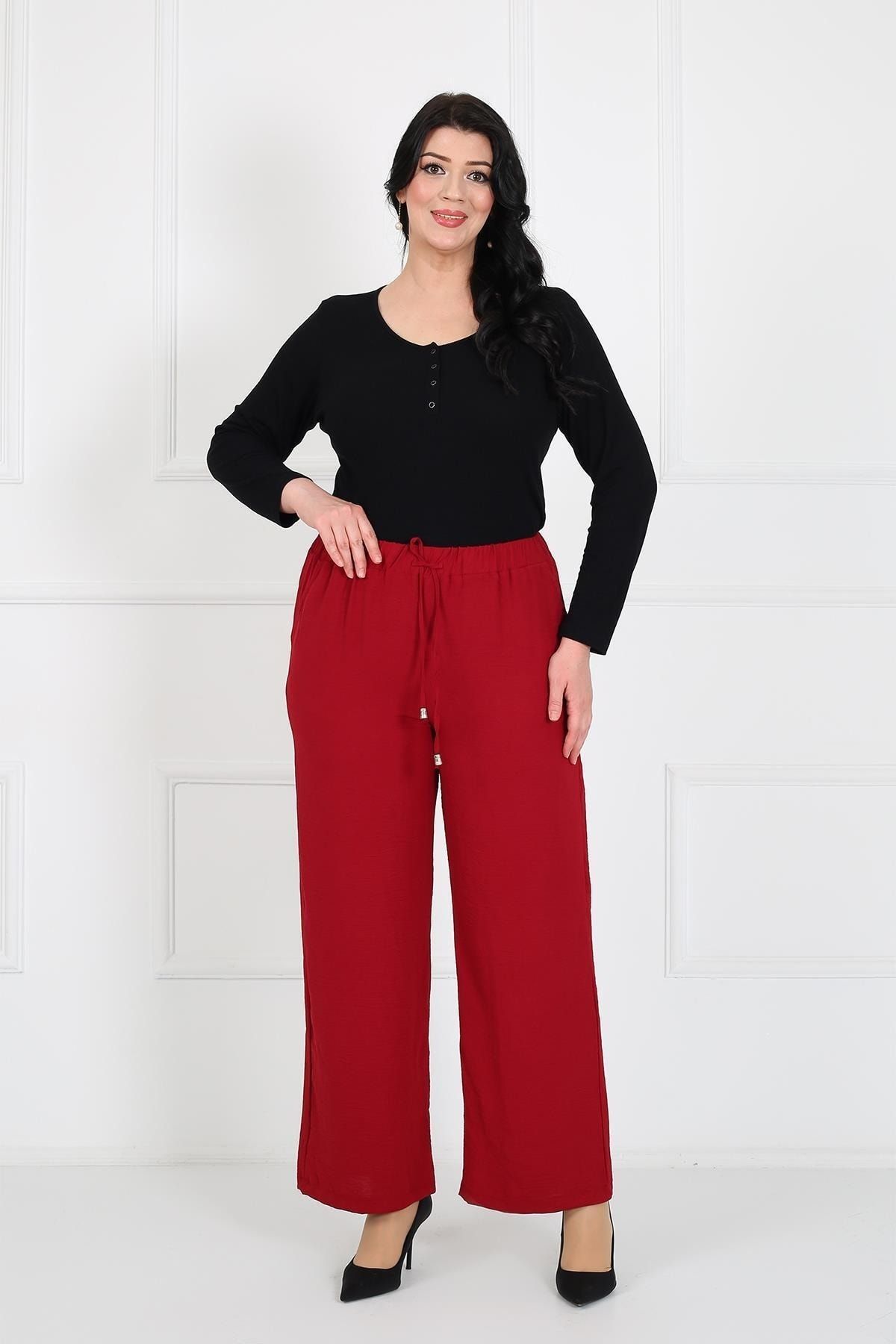 By Alba Collection Kadın Kırmızı Ayrobin Beli Lastikli Cep Detay Pantolon
