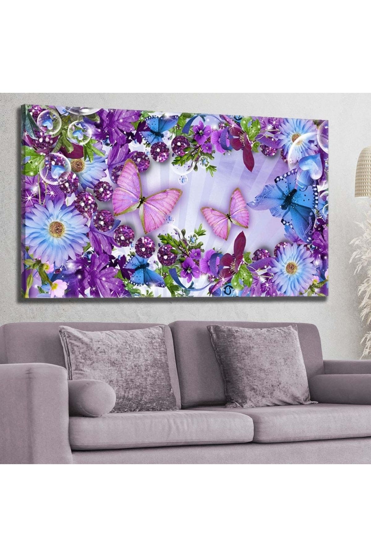 hanhomeart Işıltılı Mor Çiçekler-kelebekler - Kanvas Tablo 60x120cm-hykvs-521