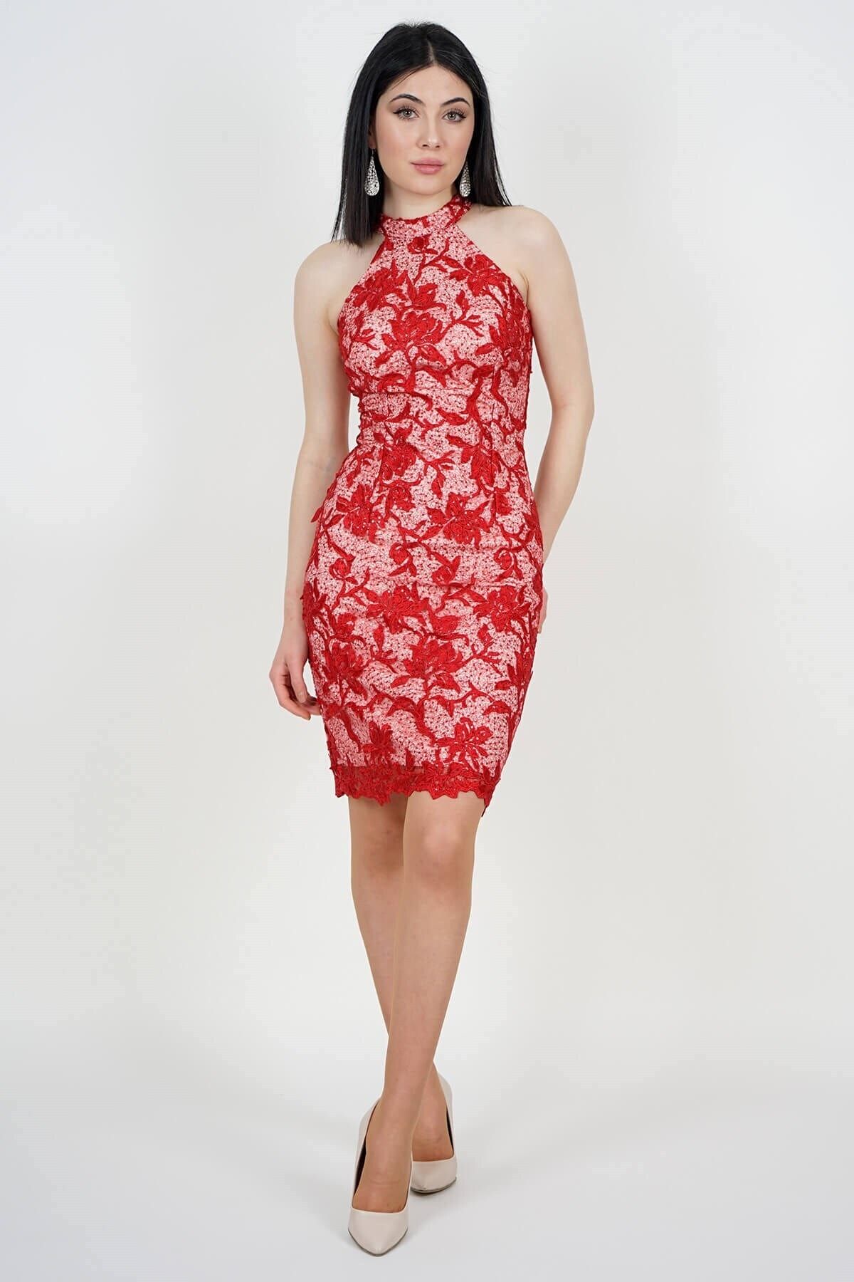 SpringStore Kırmızı Güpürlü Dantel Abiye Elbise