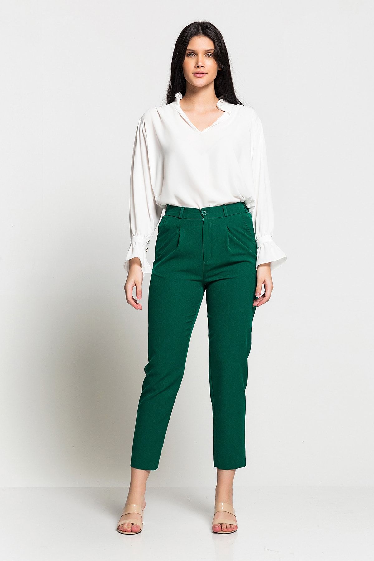 Luppio Kadın Yeşil Yüksek Bel Düğmeli Rahat Kesim Pantolon