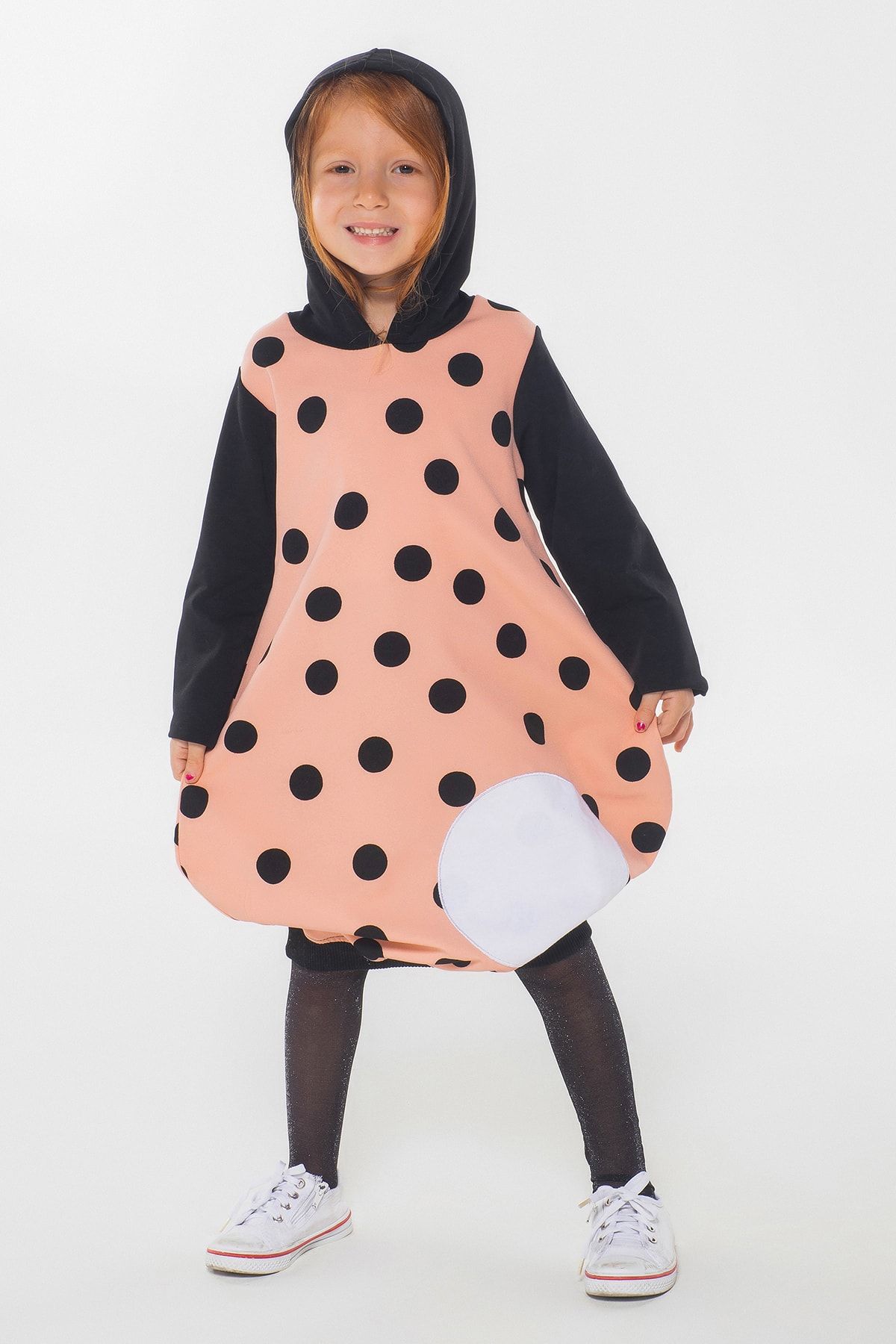 ZENOKIDO Kız Çocuk Pembe Puantiyeli Kapşonlu  Elbise