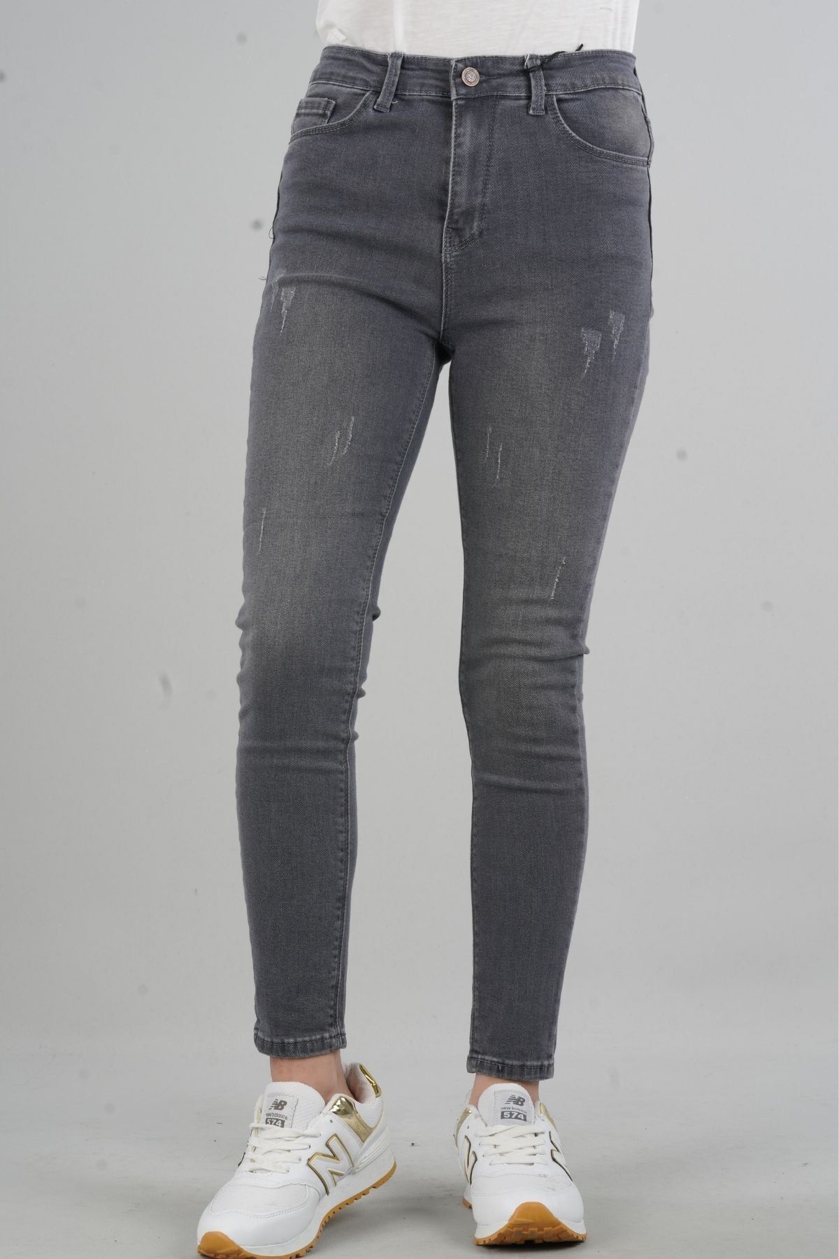 FİHA Herdem 4345 Kadın Gri Tırnaklı Taşlamalı Yüksek Bel Skinny Jeans