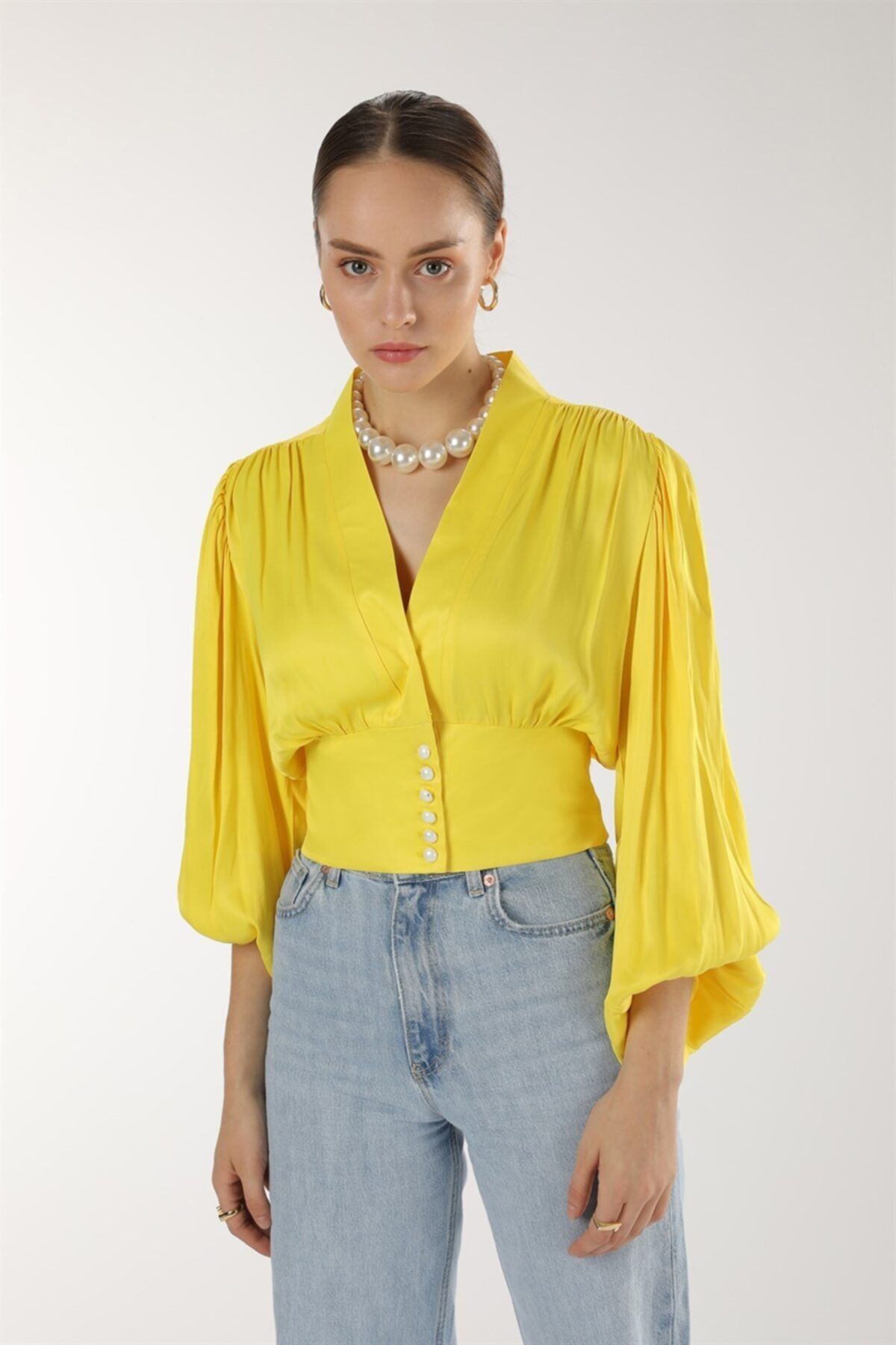 Oblavion Sarı Saten Crop Bluz