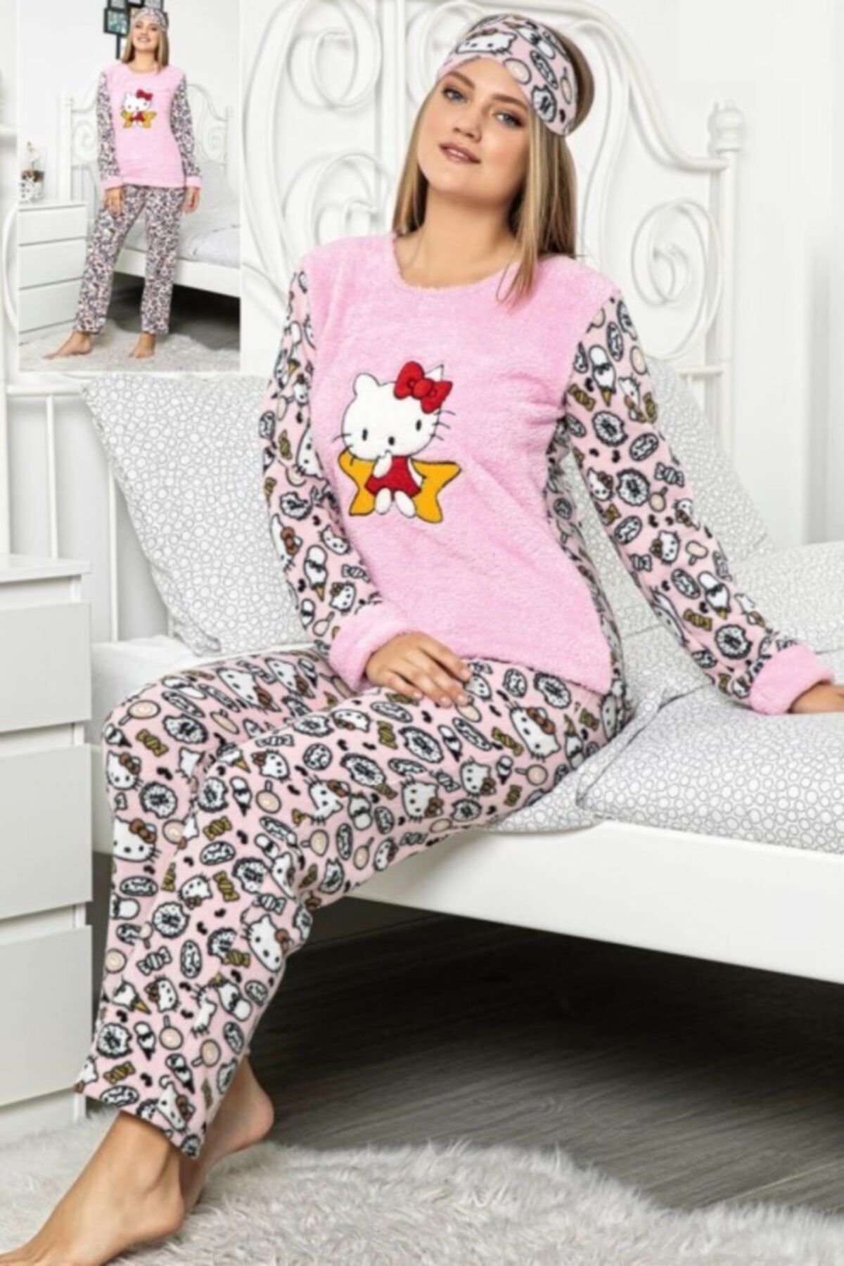 POLKAN Kadın Pembe Polar Göz Bantlı Kışlık Pijama Takımı