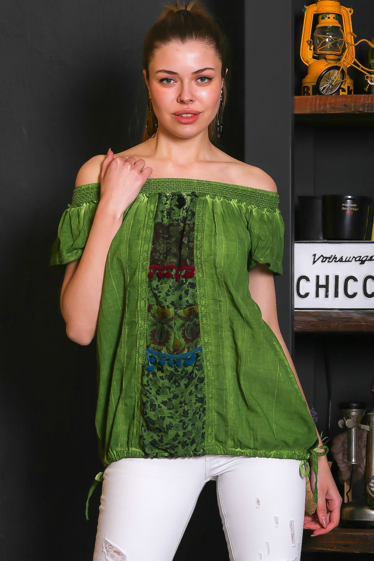 Chiccy Kadın Yeşil Carmen Yaka, Blok Ve Yanları İp Bağlama Detaylı, Yıkamalı Bluz M10010200BL95529