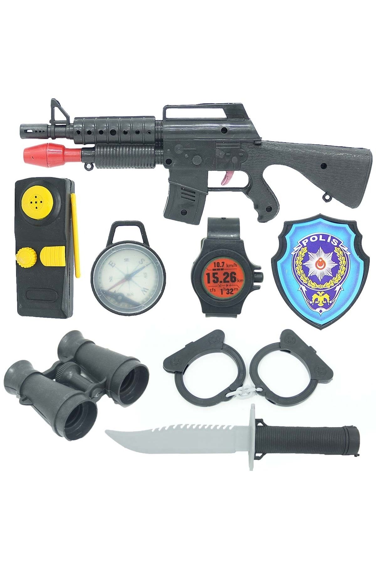 BEYAZ Büyük Boy Kasklı Polis Seti Oyuncak Silah Tüfek Kelepçe Dürbün