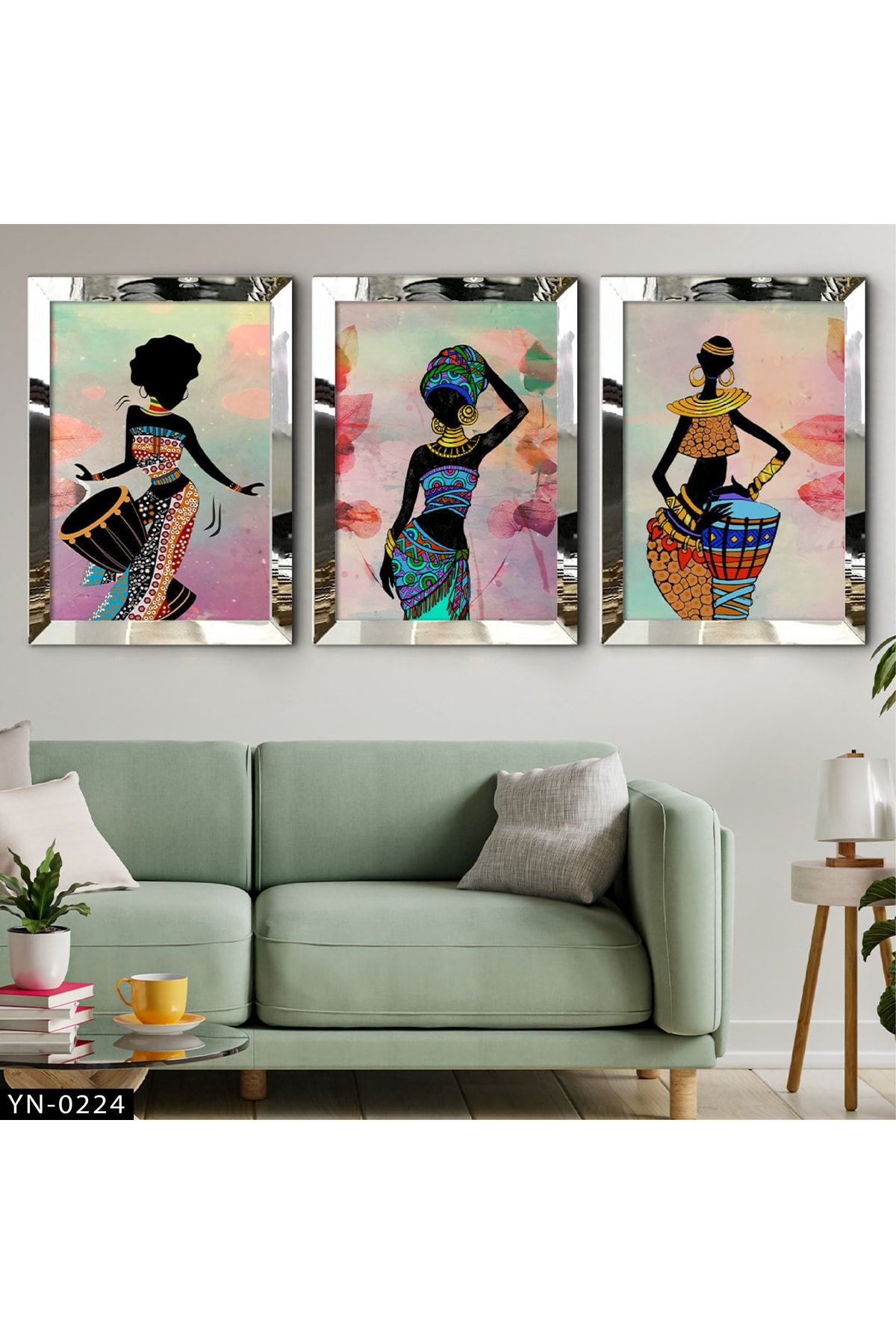 hanhomeart Renkli Sanatsal Zenci Kadın Figürleri - Gümüş Ayna Çerçeveli Tablo 3'lü Set-hyn-0224