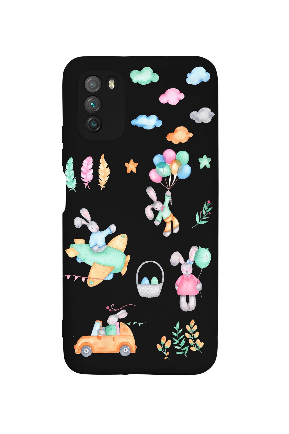butikcase Xiaomi Poco M3 Pro Uçan Tavşanlar Desenli Premium Silikonlu Lansman Siyah Telefon Kılıfı