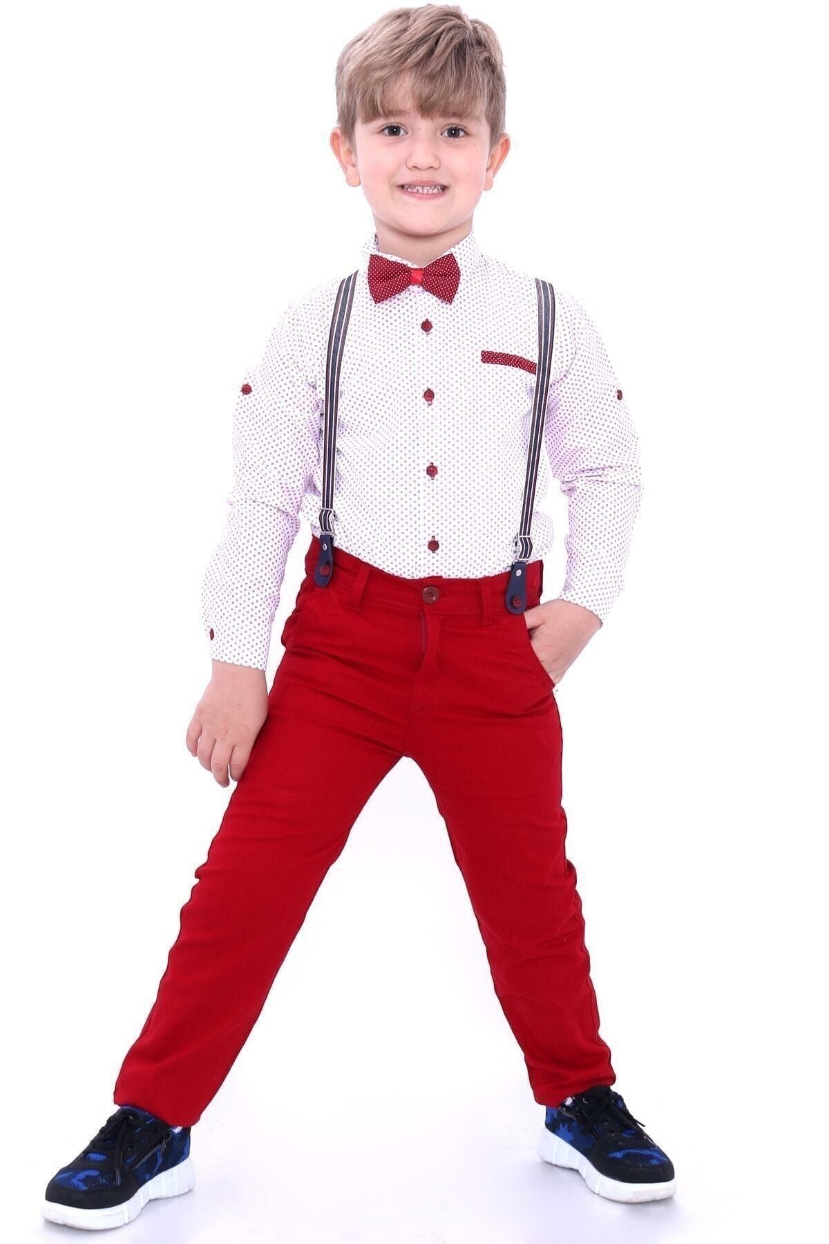 renkli diyar Erkek Çocuk Kırmızı Yıldız Desenli Gömlek Papyonlu Pantolon Ve Gömlek Askısı Ile Birlikte 4'lü Takım