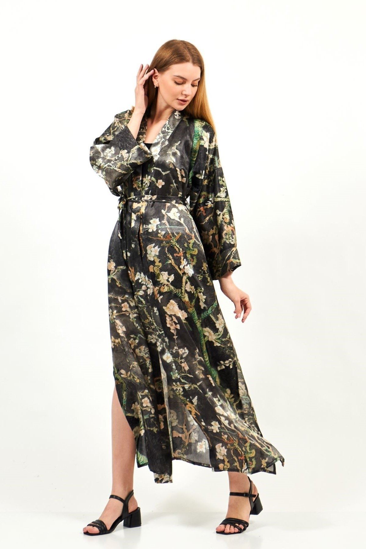 Nomads Felt %100 Ipek Kimono Kaftan | Antrasit Van Gogh Badem Ağacı |