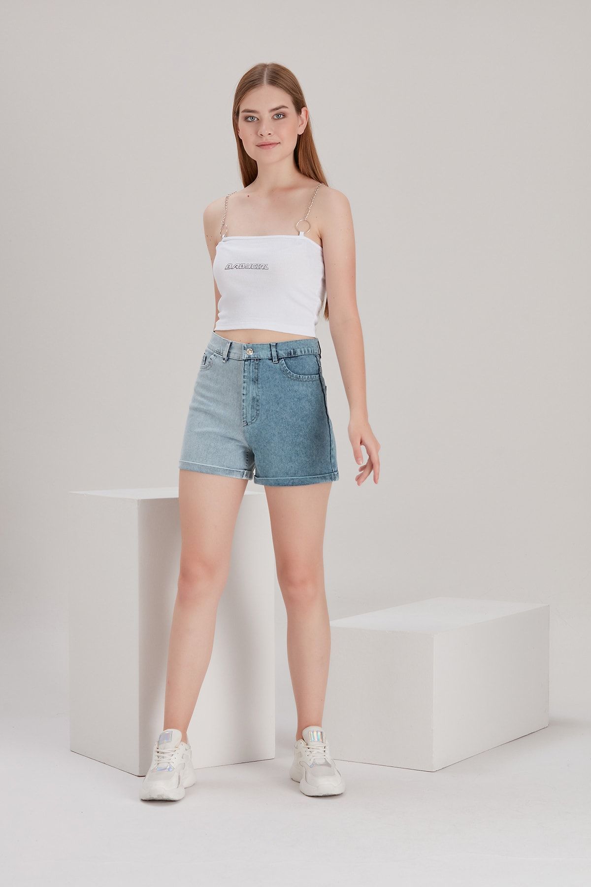 My Style Kadın Açık Mavi Çift Renkli Yüksek Bel Denim Kot Şort