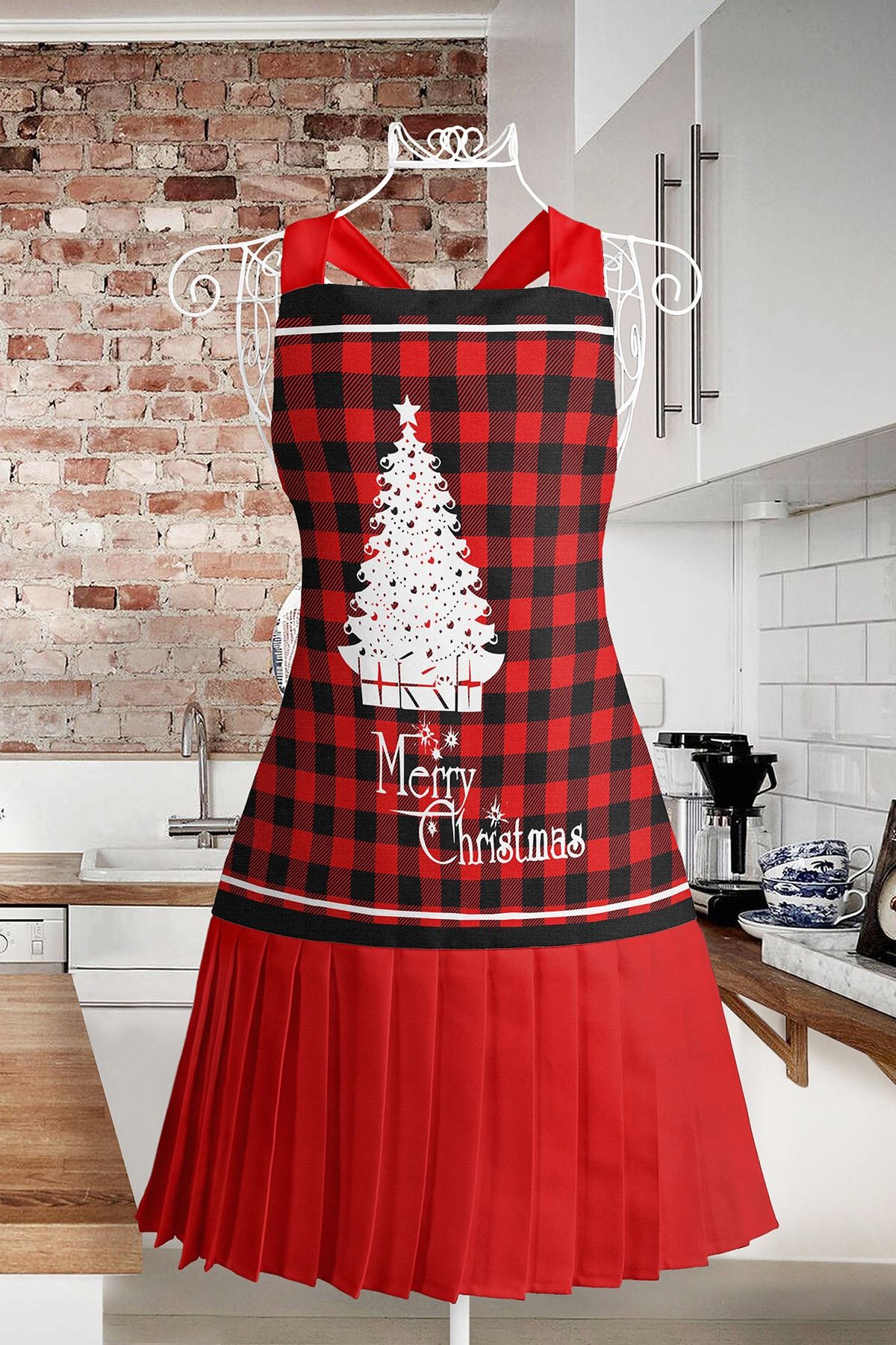 Realhomes Çam Ağacı Desenli Mutfak Önlüğü - Özel Tasarım Merry Christmas Yazılı Askılı Aşçı Leke Tutmaz Önlük