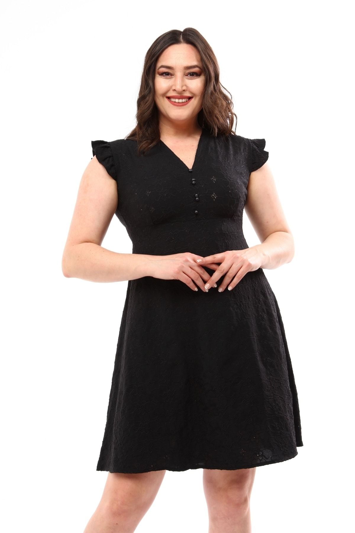 Genel Markalar Schık Kadın Büyük Beden Brodeli Elbise Siyah SCKWM22EL01