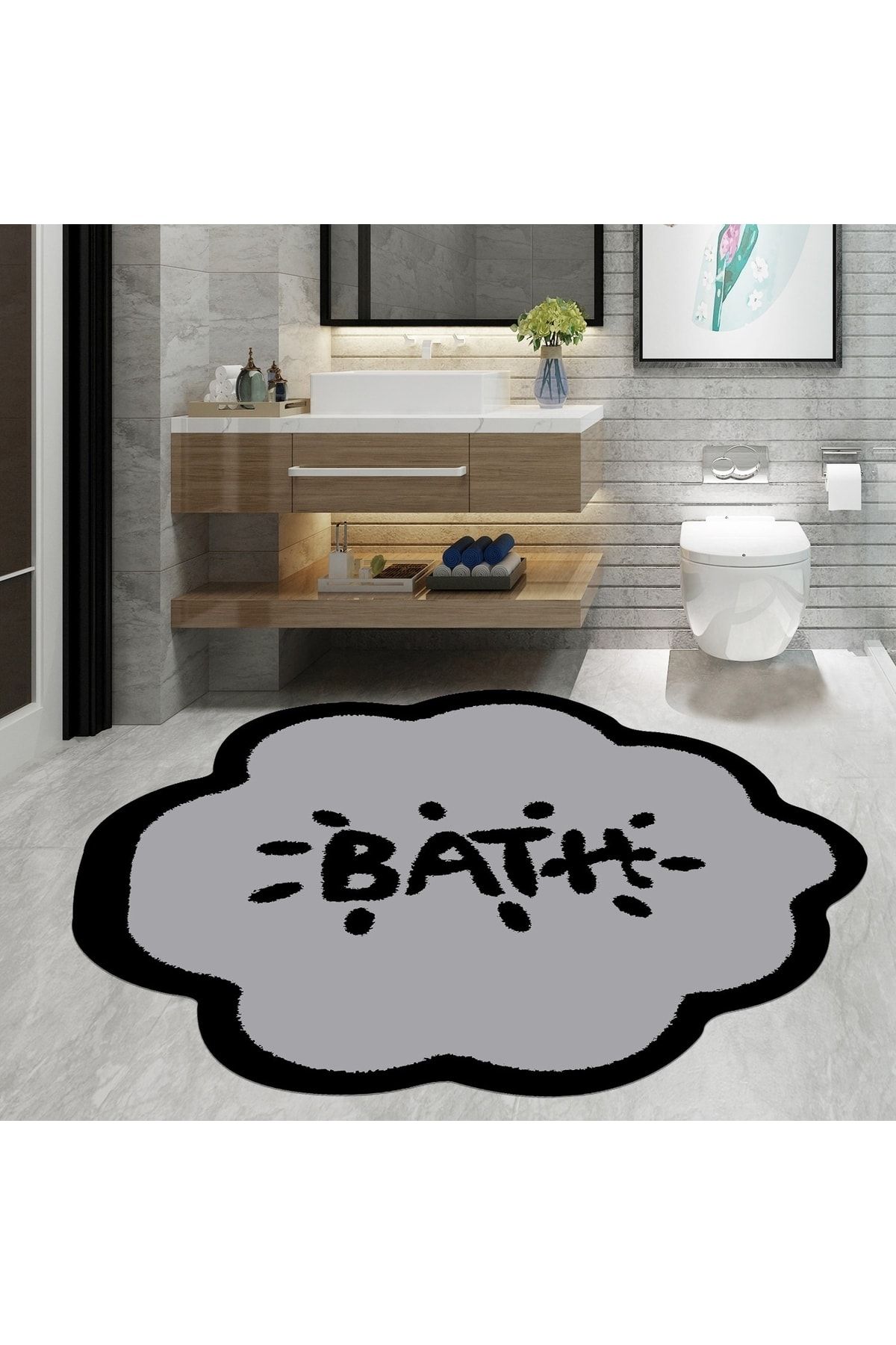 eco concept Banyo Paspası, Bath Yazılı, 80cmx80cm, Yuvarlak, Kaymaz Taban Halı